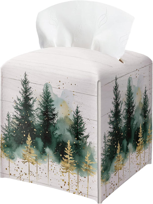 Winter Pine Tree Tissue Box Holder, Christmas Tree Leather Tissue Box Cover Square, Paper Facial Decorative Tissues Cover for Night Stands Bathroom Kitchen Office Home Decor-B17