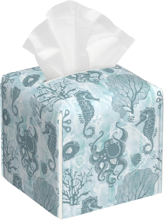 Sea Creatures and Plants Tissue Box Cover Square, Octopus Tissue Box Holder Leather Facial Paper Case Decorative Organizer Holder Dispenser Home Office Car Decor