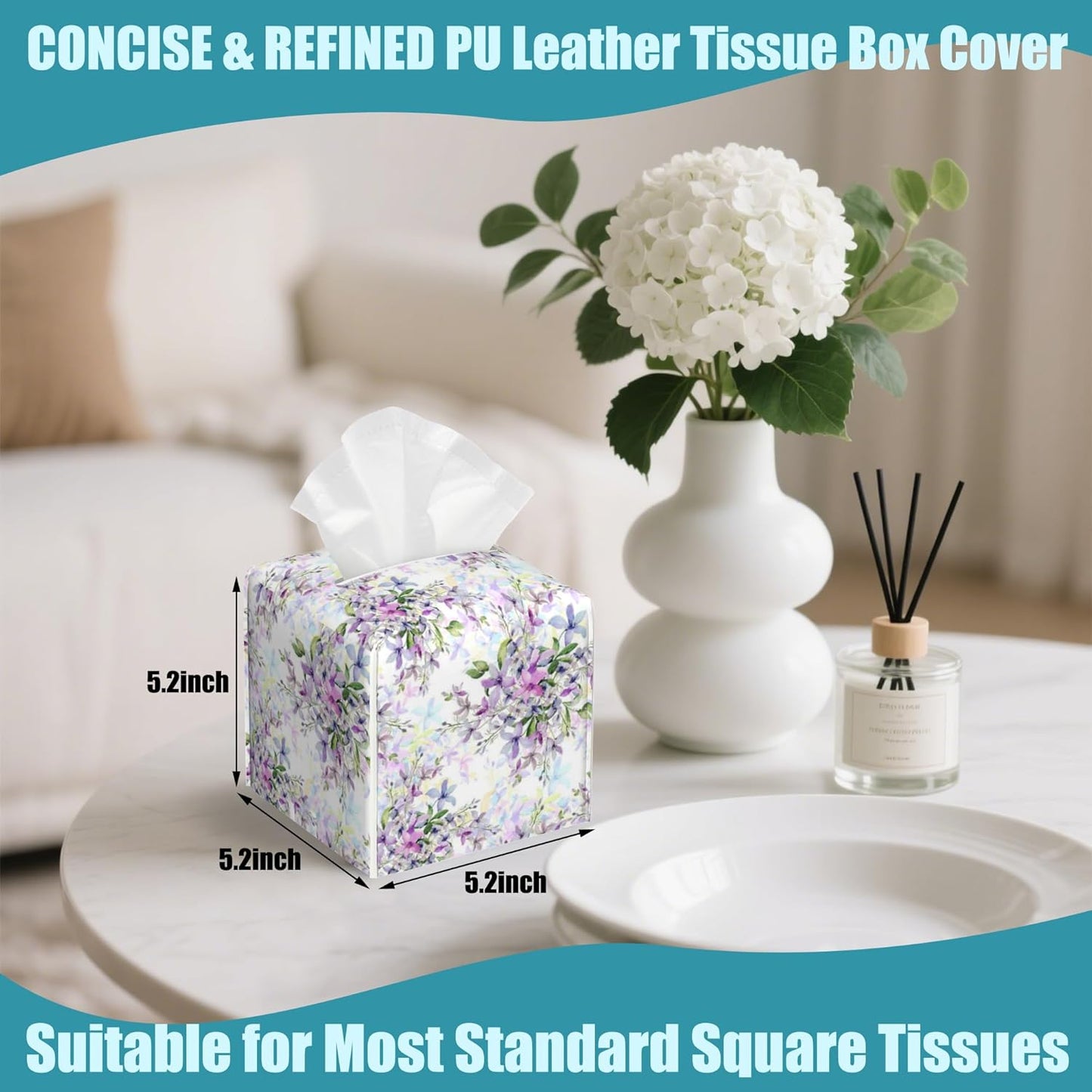 Watercolor Wild Flowers Tissue Box Holder,Purple Flowers Square Leather Tissue Box Cover with Bottom Belt,Modern Napkin Holder Organizer for Car Bathroom Nightstand Vanity Office,5.2" x 5.2" x 5.2"