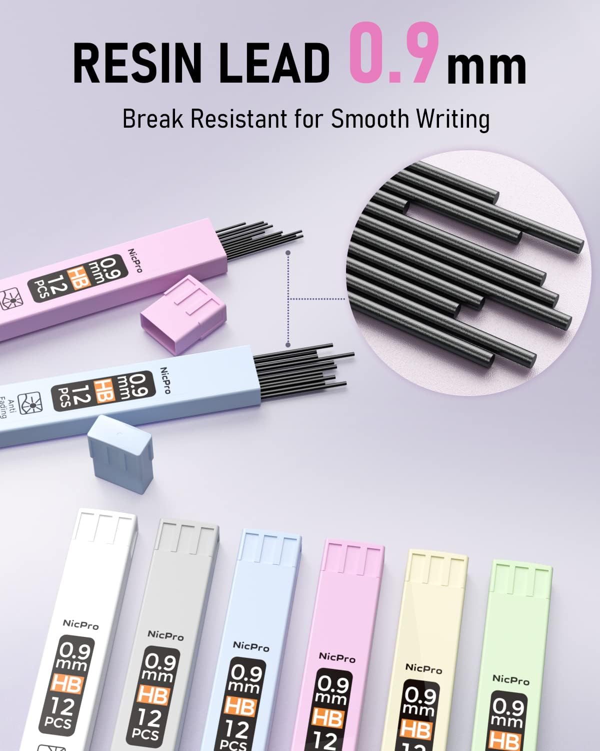 Nicpro 6PCS Pastel Mechanical Pencil Set 0.9 mm, Cute Mechanical Pencils 0.9 with Comfort Grip with 12 Tube HB Lead Refill, 3 Eraser, 9 Eraser Refill for Student Writing, Drawing, Sketching- with Case