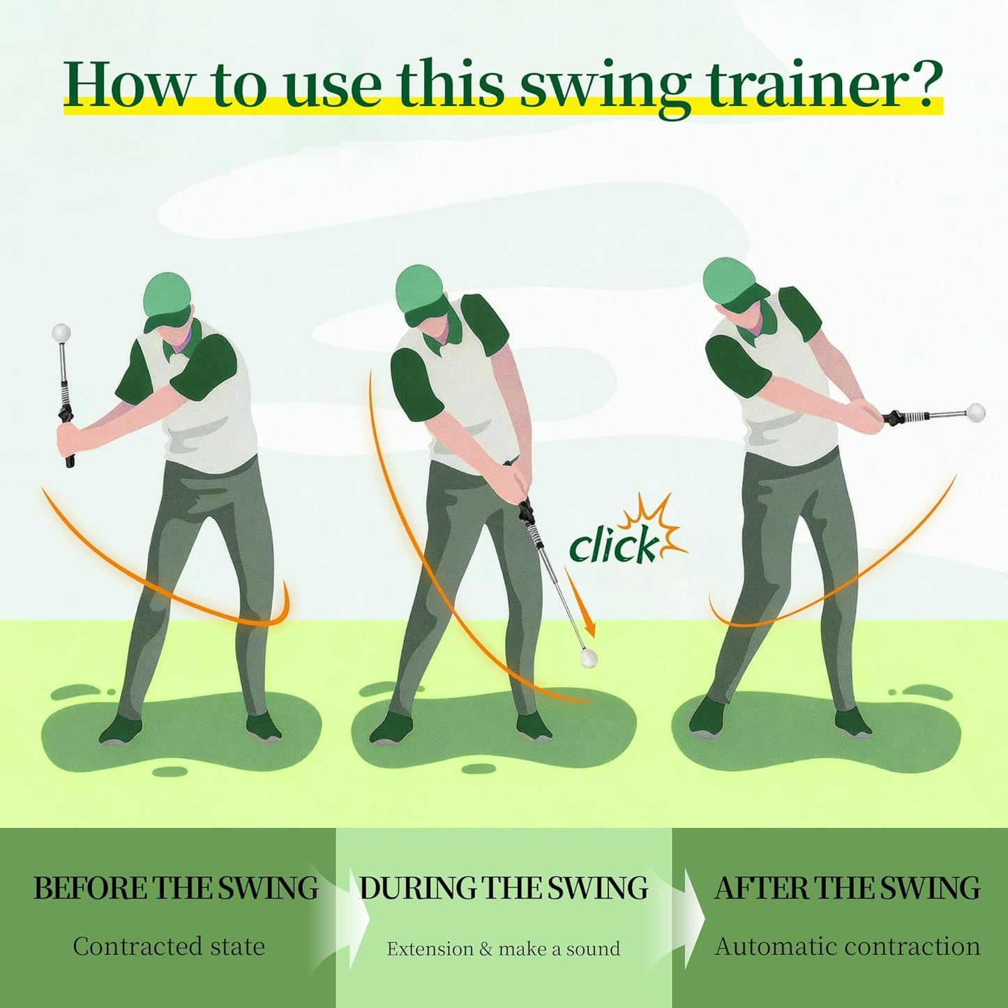 Retractable Golf Swing Training Aid, Portable Golf Swing Trainer for Warm Up Right-Handed Click Stick Golf Grip Trainer with Rhythm Click Sound, Golf Accessories for Beginners, Indoor Outdoor Practice