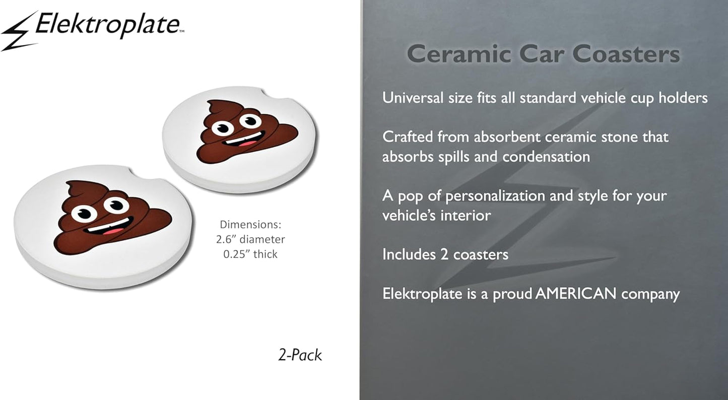 Elektroplate Funny Poop Smiley Face Automotive Ceramic Coasters (2.6" Diameter) | Universal Fit for All Cars, Trucks, SUVs, and More | Absorbent Non-Slip Durable | Set of 2