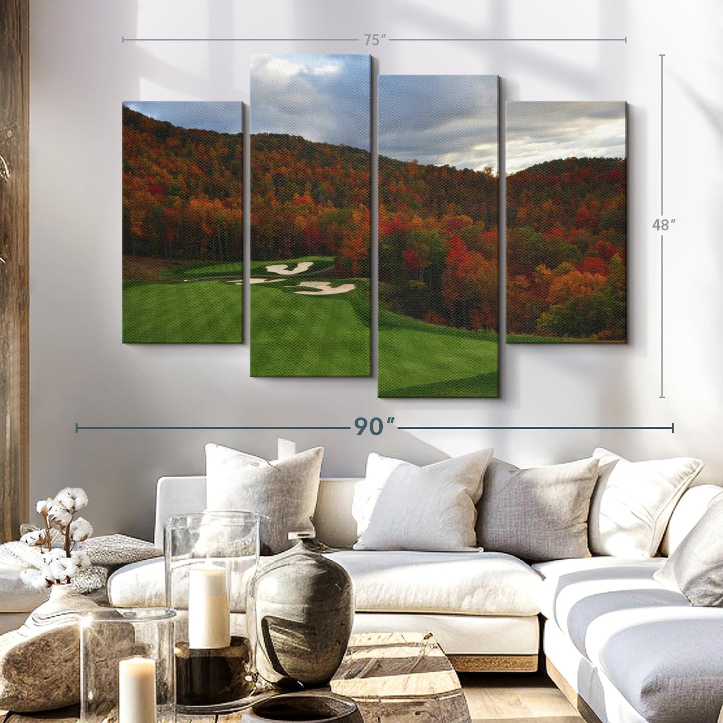 Elephant Stock Autumn Golf Course Wall Art - Horizontal Canvas - 4-Piece Living Room Wall Decor - Photography Sports Canvas Print - Blue and Orange Decor for Wall - 75" X 48"
