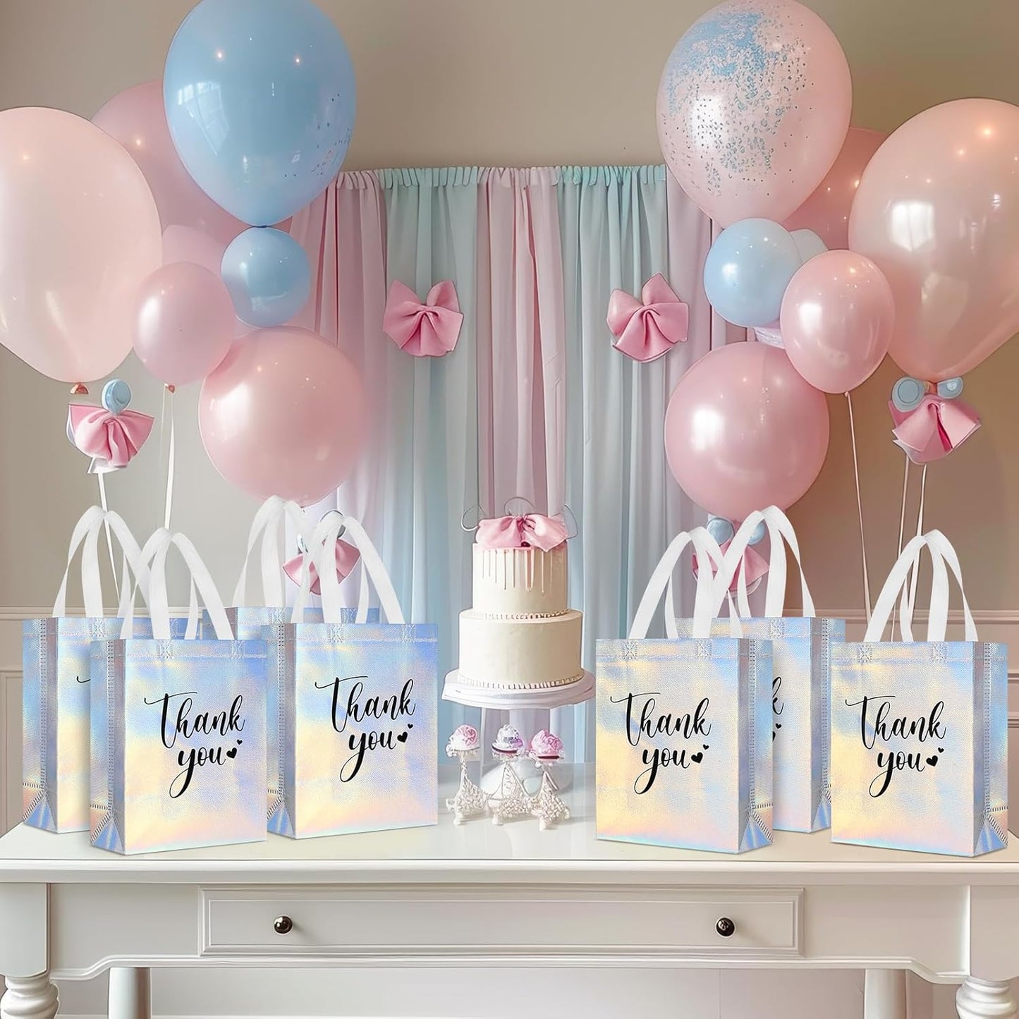 Sweetude 30 Pcs Thank You Gift Bags with Handles Bulk Reusable Goodie Bag Non Woven Foldable Handbag for Graduation Wedding Bridesmaid Gifts(10 x 8 x 4 Inch,Laser)