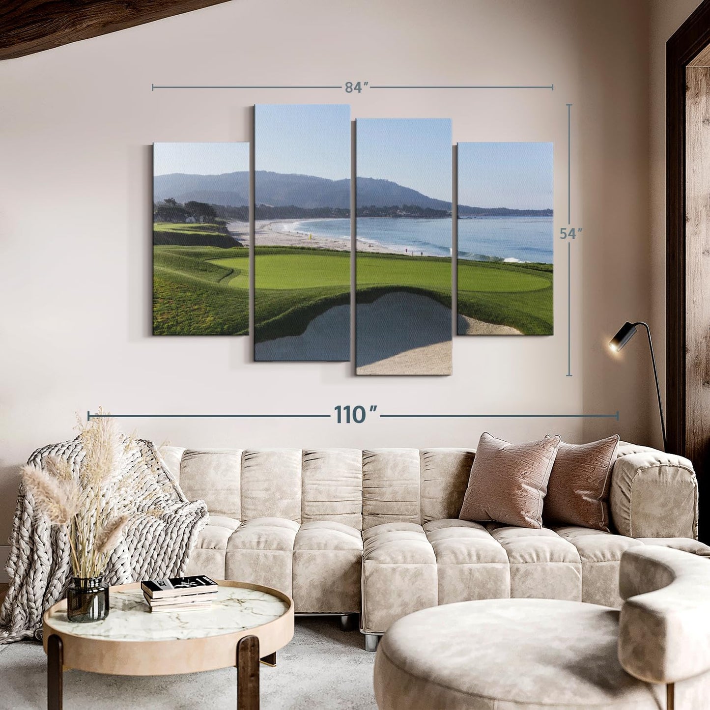 Elephant Stock Monterey CA Golf Course Wall Art - Horizontal Canvas - 4-Piece Living Room Wall Decor - Photography Sports Canvas Print - Blue and Green Decor for Wall - 84" X 54"