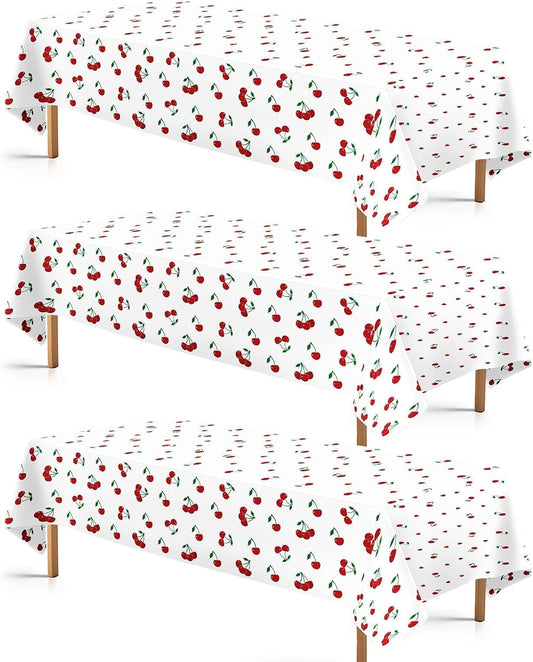 Grencian 3Pcs Cherry Tablecloth Cherry Table Cover Plastic Rectangle Fruit Theme Table Cloth for Cherries Birthday Wedding Bridal Baby Shower Party Decorations, 54 X 108 Inch