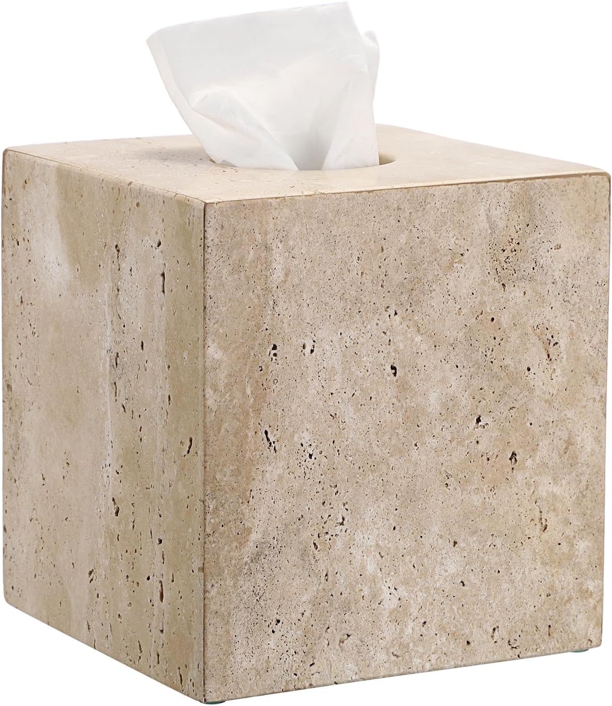 Sumnacon Square Tissue Box Cover Natural Travertine Tissue Cover with Pads, Heavy Duty Stone Tissue Box Holder,Gorgeous Tissue Holder for Toilet Bathroom Kitchen Bedroom Living Room Table,Light Beige