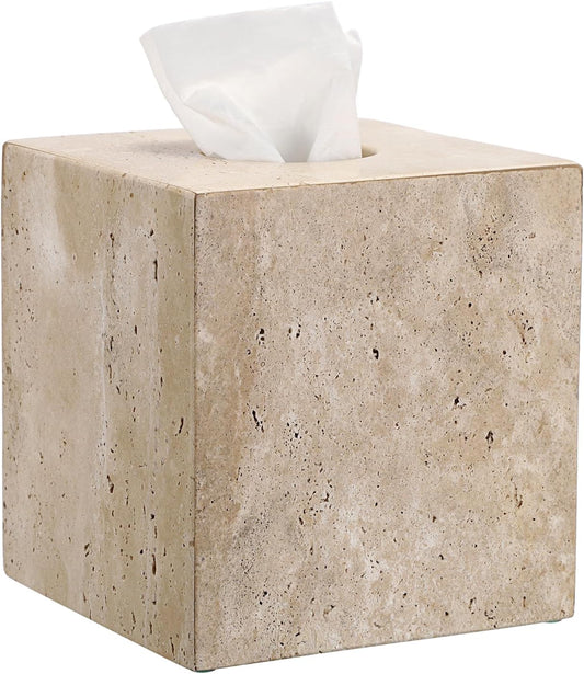 Sumnacon Square Tissue Box Cover Natural Travertine Tissue Cover with Pads, Heavy Duty Stone Tissue Box Holder,Gorgeous Tissue Holder for Toilet Bathroom Kitchen Bedroom Living Room Table,Light Beige