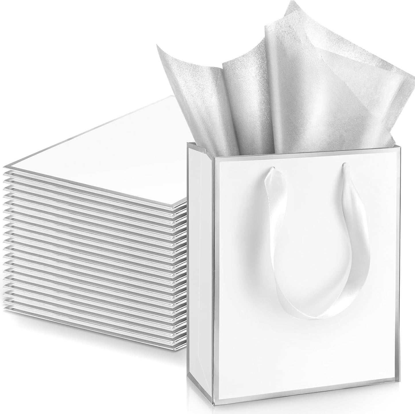 Yeaqee 24 Pack Metallic Paper Gift Bags with Handle and Tissue 9x7x3.1 Gold Foil Welcome Favor Bags Return Gifts for Wedding Fall 5 Senses Christmas Bridesmaid Birthday(White, Silver)