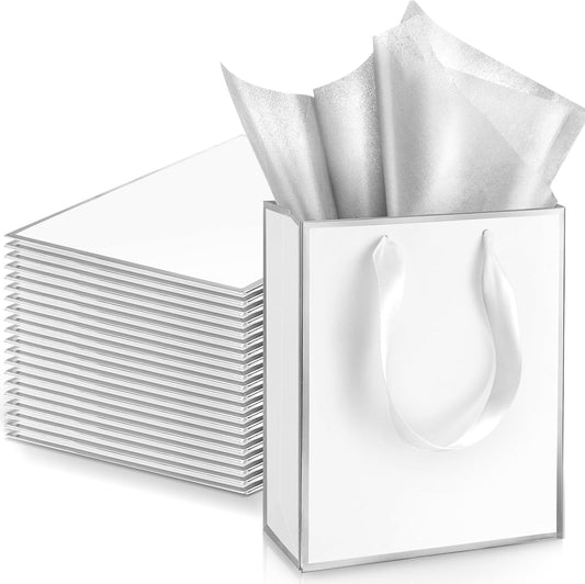 Yeaqee 24 Pack Metallic Paper Gift Bags with Handle and Tissue 9x7x3.1 Gold Foil Welcome Favor Bags Return Gifts for Wedding Fall 5 Senses Christmas Bridesmaid Birthday(White, Silver)