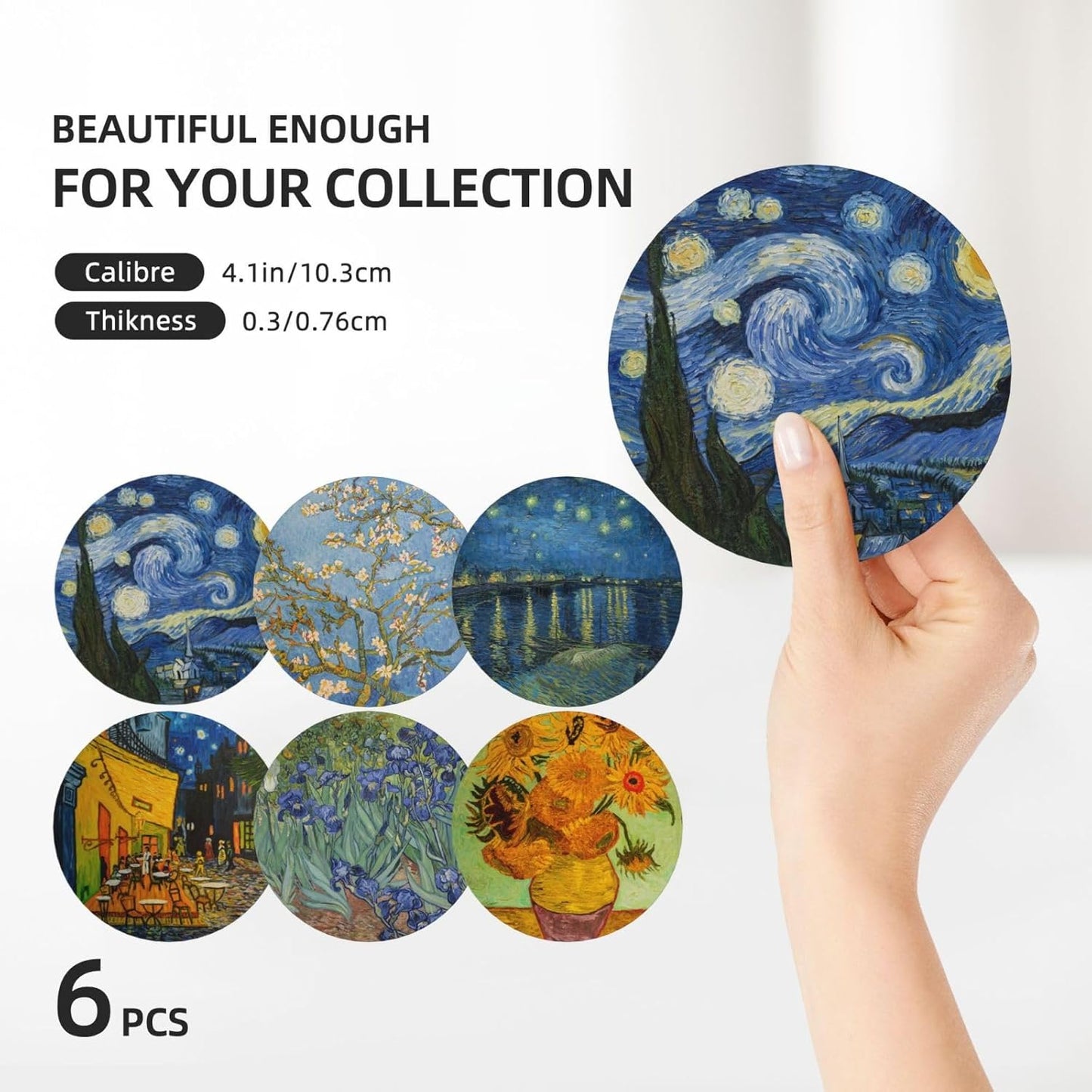 Van Gogh Art Absorbent Drink Coasters with Holder, Set of 6 Ceramic Coasters with Cork Base for Table Decor