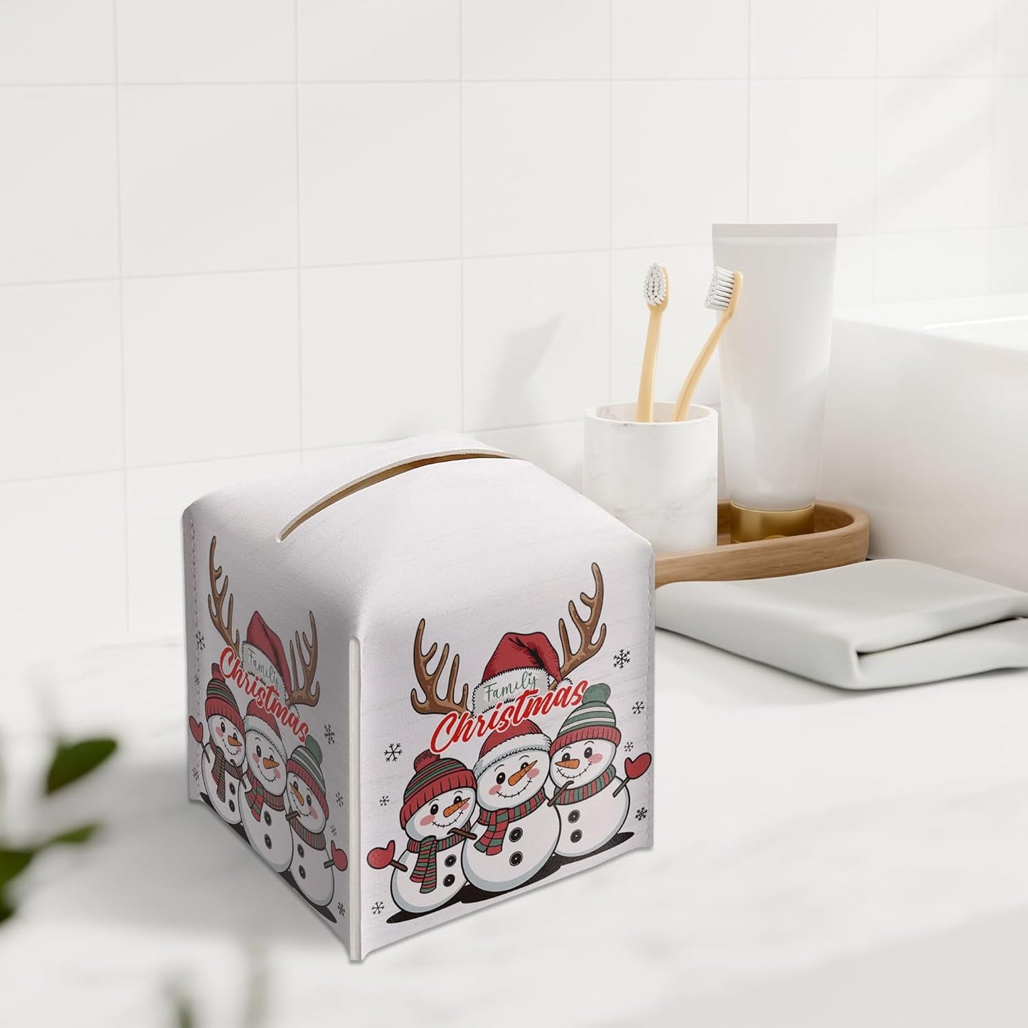 Christmas Snowman Tissue Box Holder, First Christmas as A Family of Three Leather Tissue Box Cover Square, Paper Facial Decorative Tissues Cover for Night Stands Bathroom Office Home Decor-B02
