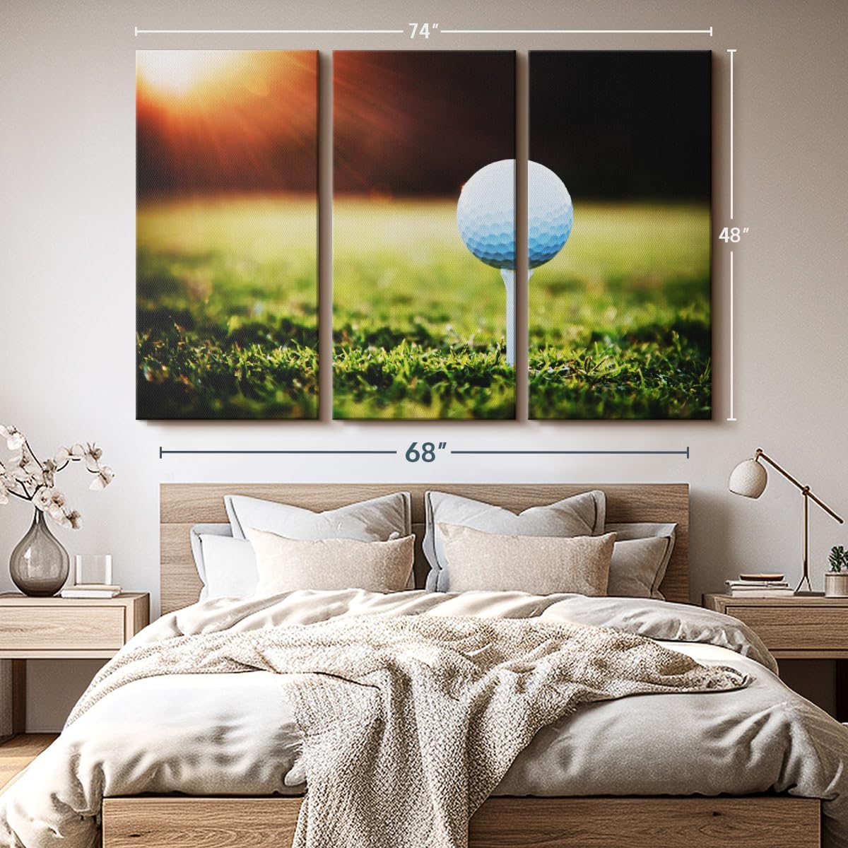 ElephantStock Golf Ball Tee Wall Art - Horizontal Canvas - 3-Piece Living Room Wall Decor - Photography Photographic Canvas Print - Black and White Decor for Wall - 74" X 48"