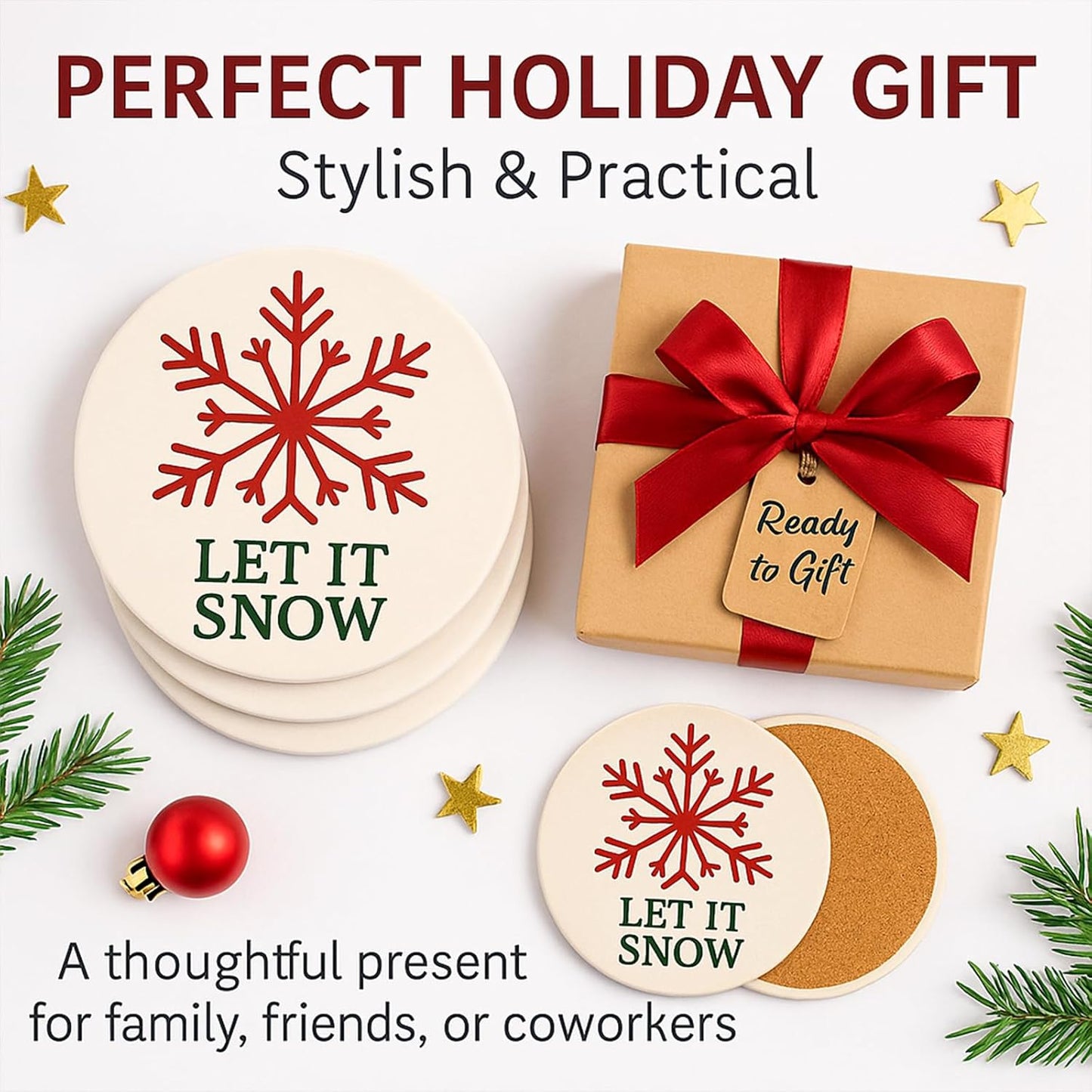 Let It Snow Christmas Coasters Set of 4,Absorbent Ceramic Drink Coasters with Non-Slip Cork Backing, Festive Red Snowflake & Holiday Phrase Design, Winter Coffee Table Protection & Gift Decor