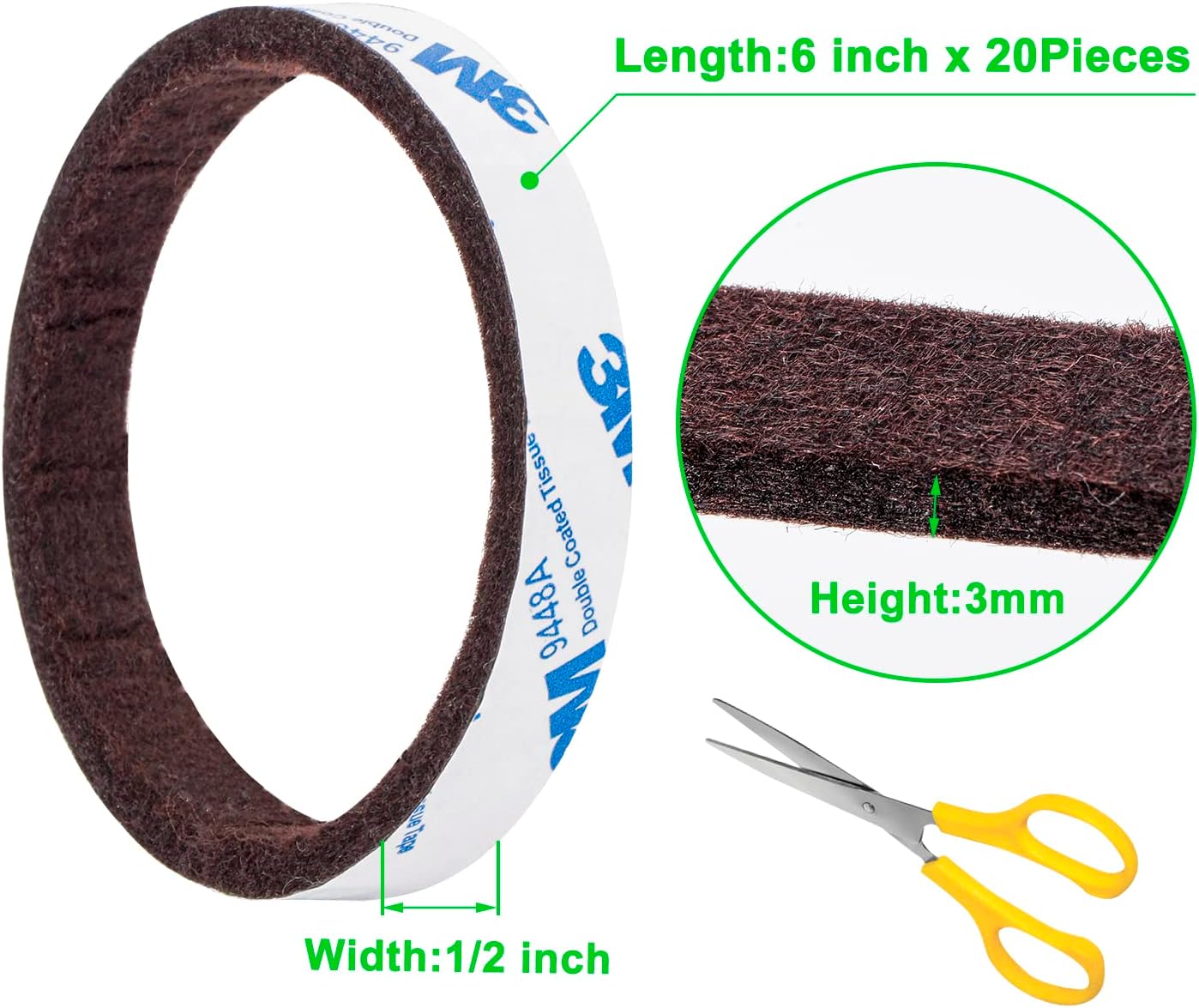 Felt Strips with Adhesive Backing, Felt Furniture Strips, 20Pieces Pack 1/2x 6 Inches, Adehesive Felt Strips for Furniture Brown