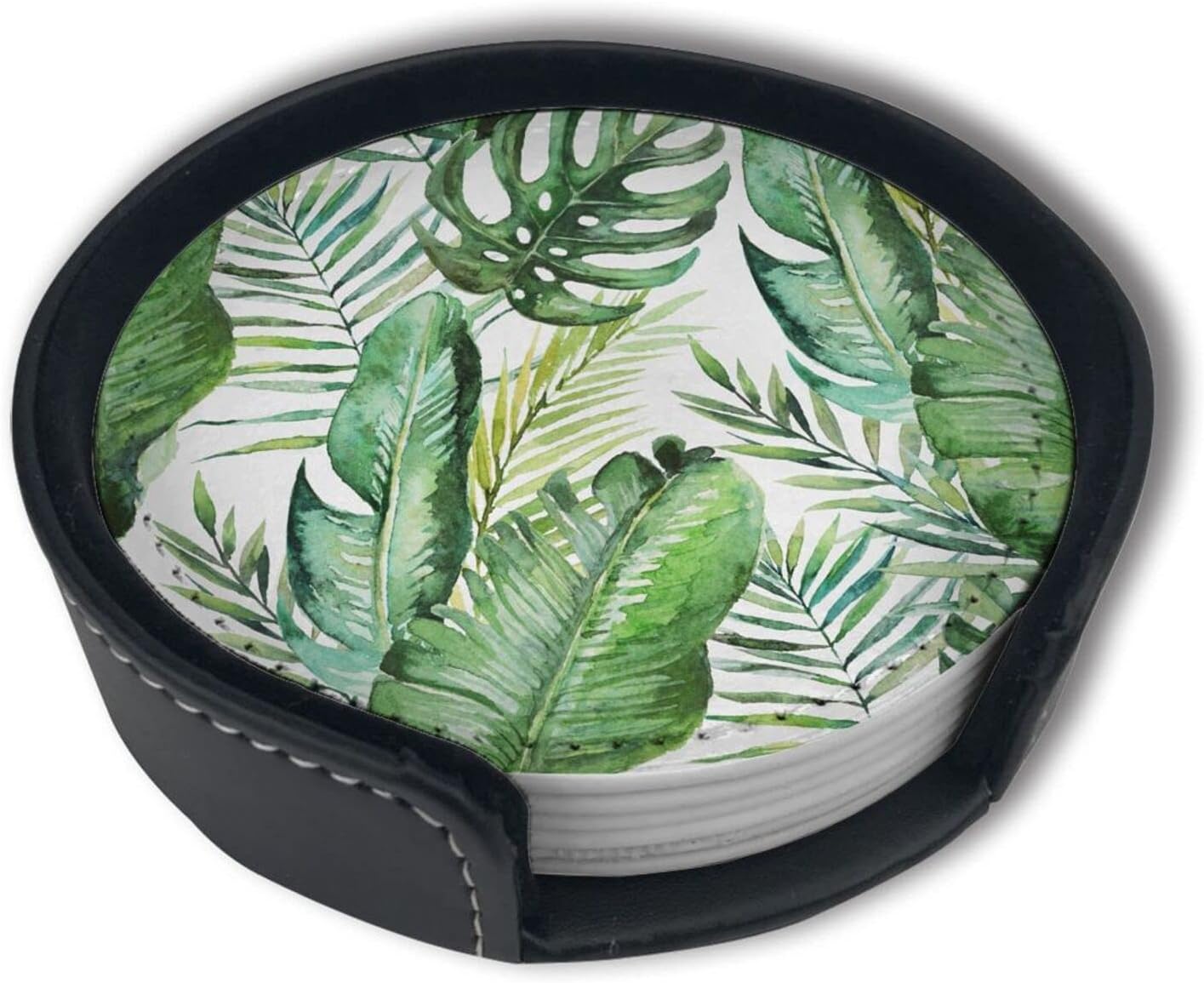 Green Tropical Palm and Fern Leaves Leather Drinks Coasters with Holder Set of 6, Suitable for Kinds of Cups