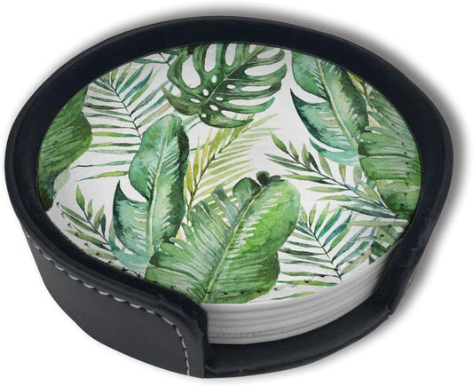 Green Tropical Palm and Fern Leaves Leather Drinks Coasters with Holder Set of 6, Suitable for Kinds of Cups