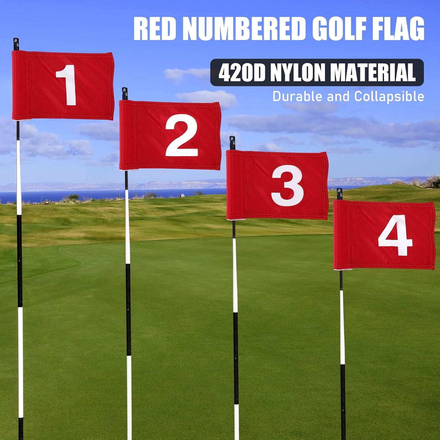 TOBWOLF 4PCS 15x22cm / 5.9x8.7in Golf Flags with Tube Inserted, Portable 420D Nylon Putting Green Golf Flag, Practice Golf Target Flag Training Numbered Putting Golf Pin Flag for Yard Indoor Outdoor
