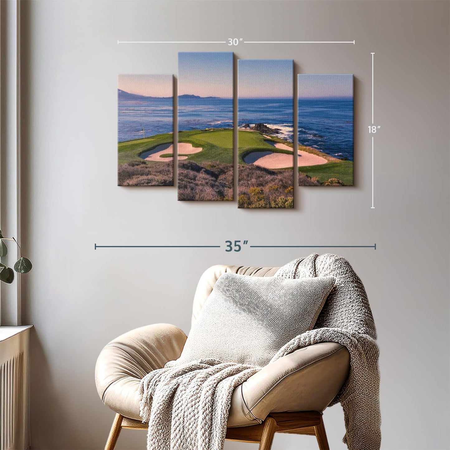 Elephant Stock Pebble Beach Golf Club Wall Art - Horizontal Canvas - 4-Piece Living Room Wall Decor - Luxury Photography Canvas Print - Beige and Blue Decor for Wall - 30" X 18"