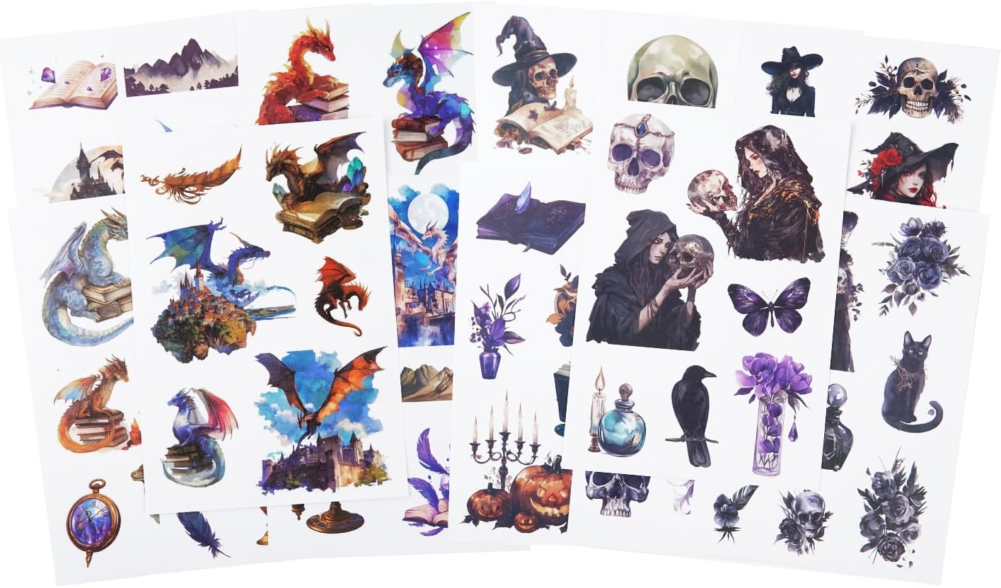 Pre-Cut Dragon and Witch Sticker Book Set, 40 Pages of Fantasy Ephemera for Scrapbooking, Journaling, DIY Crafting, and Art Supplies