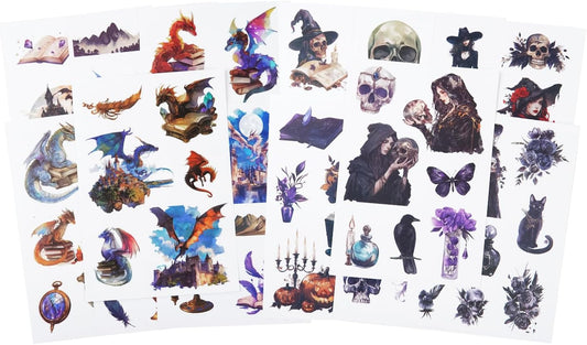 Pre-Cut Dragon and Witch Sticker Book Set, 40 Pages of Fantasy Ephemera for Scrapbooking, Journaling, DIY Crafting, and Art Supplies