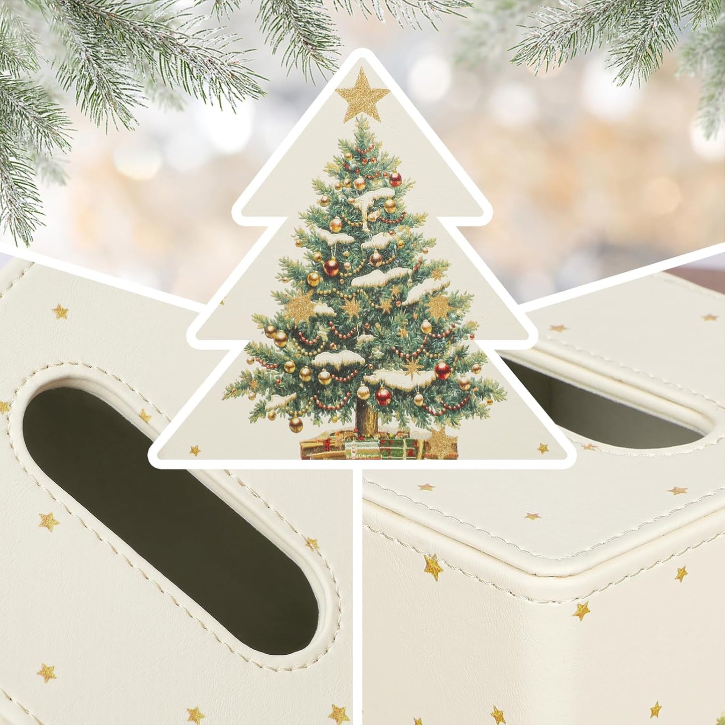 Christmas Tissue Box Cover Square, PU Leather Tissue Box Holder with Magnetic Closure for Bathroom Livingroom Bedroom, Christmas Decorations Cube Tissue Holder (Christmas Tree)