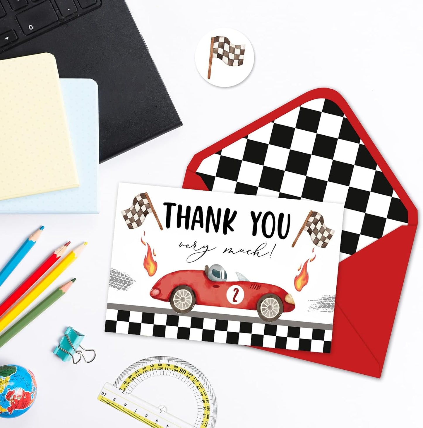 Whaline 24 Pack Race Car Thank You Cards Red Racing Theme Note Card with Envelopes Stickers Black White Plaid Greeting Blank Card for Birthday Baby Shower