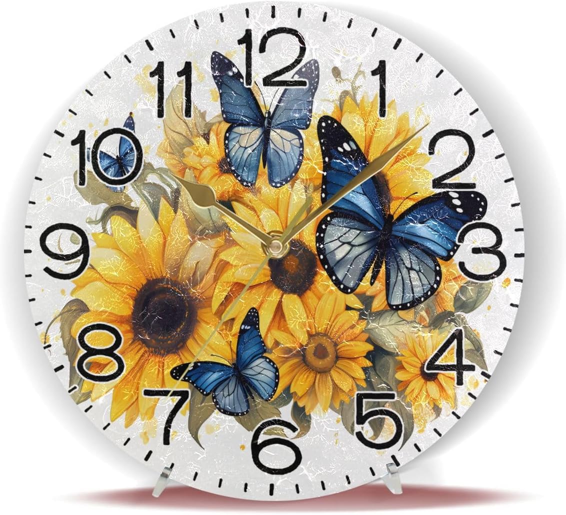 Blue Butterflies Yellow Sunflowers Wall Clock Battery Operated Non Ticking Silent Quartz Analog Rustic Farmhouse Round Clock Retro Decor for Home Kitchen Living Room Bathroom