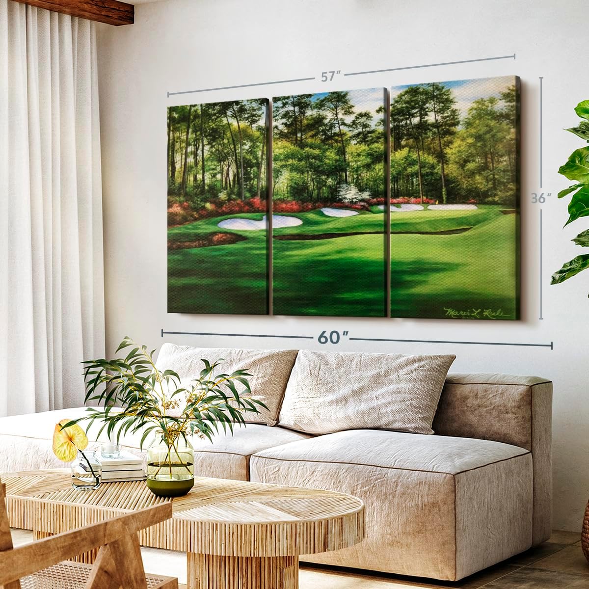 ElephantStock Augusta National 13th Hole I Wall Art - Horizontal Canvas - 3-Piece Living Room Wall Decor - Painting Sports Canvas Print - Green and Red Decor for Wall by Marci Rule - 57" X 36"