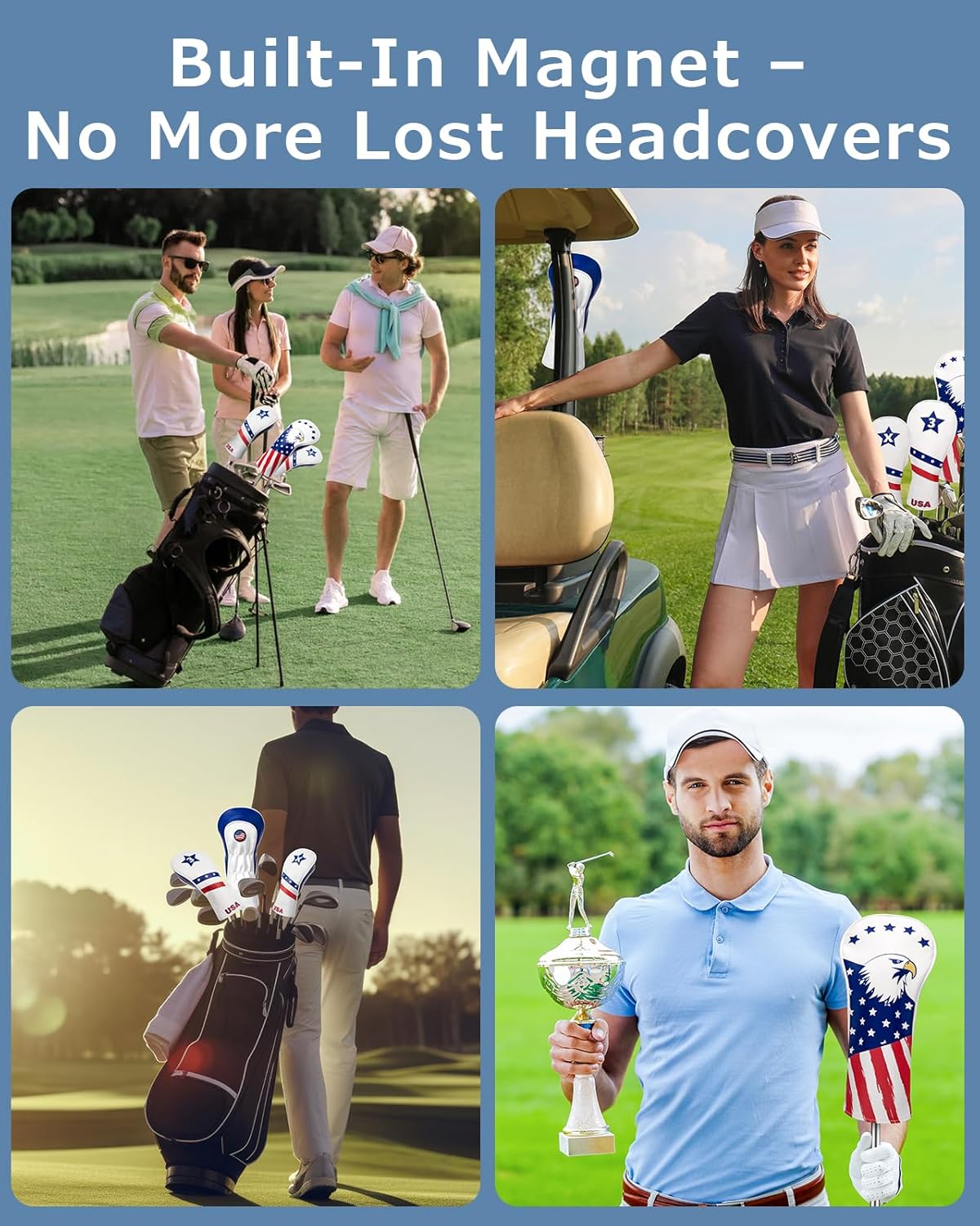 Golf Head Covers, 3 Pack Golf Club Head Covers USA Stars and Stripes, Velour Lined for Extra Club Protection, Designed to Fit All Woods and Drivers Velour Lined