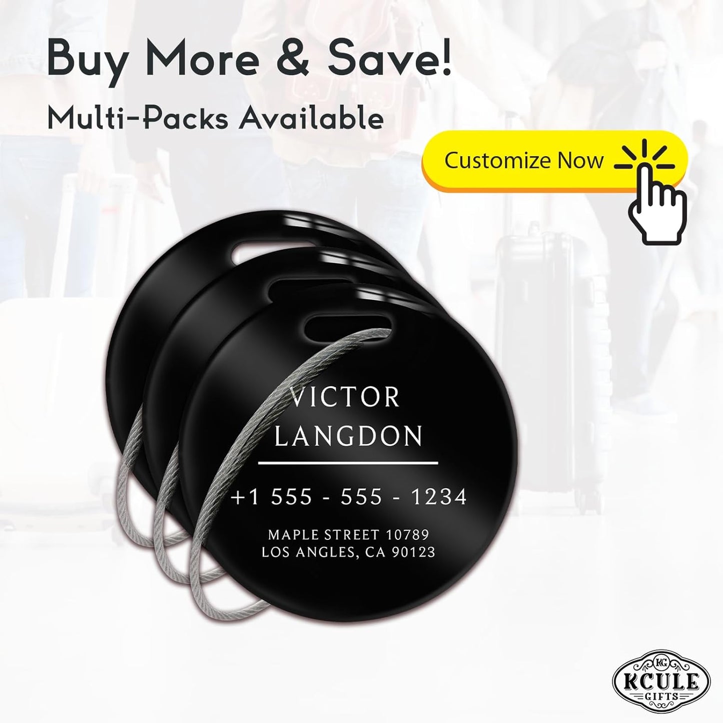 Stainless Luggage Tags for Suitcases: Metal Personalized Luggage Tags and Bags with Customizable Texts (Black)