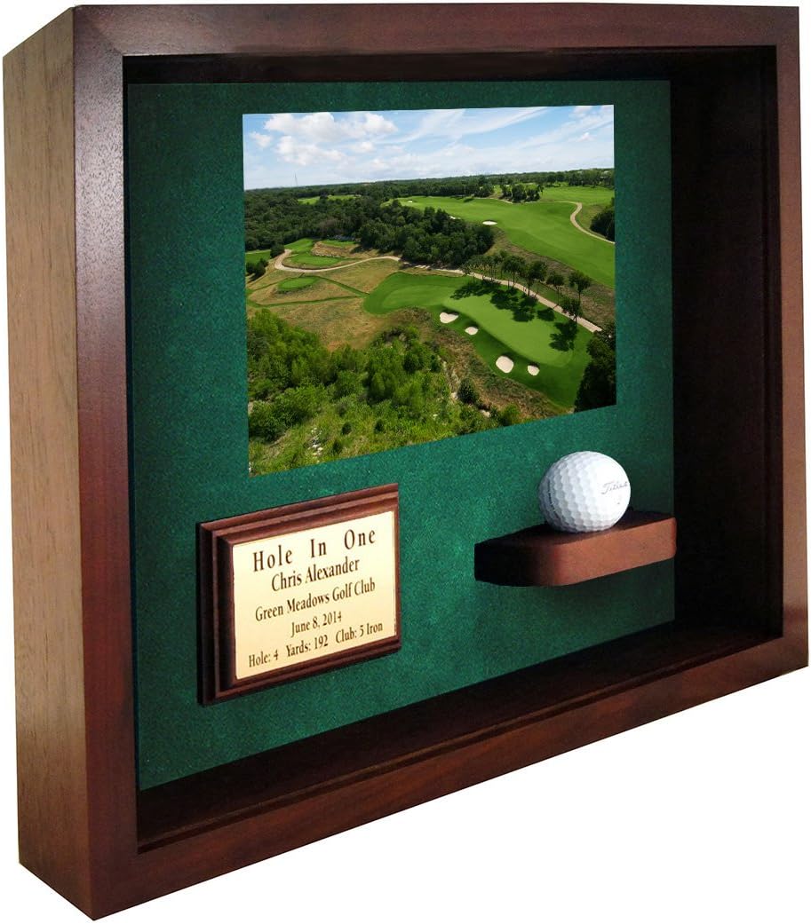 Hole in One Shadowbox and Golf Ball Display Case | Personalized Engraved Plate | Holds Golf Ball and Scorecard or Photo | Horizontal Layout | Cherry Finish | Wall Mounted