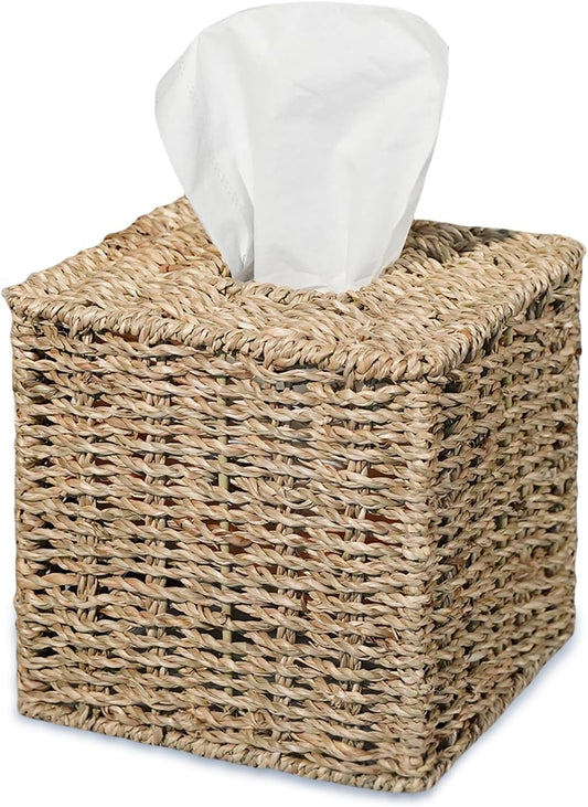 PINXIURY Seagrass Handwoven Wicker Tissue Box Cover, Natural Handmade Napkin Box Holder, Handcrafted Square Facial Tissue Holder for Bathroom, Rustic Decorative on Table and Bathroom,Boho Decorative