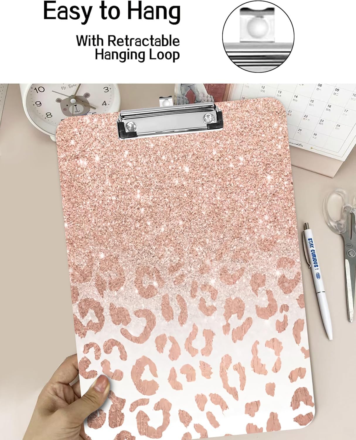 Fashion A4 Clipboard, Standard Letter Size 9" x 12.5", Decorative Wooden Clipboard with Low Profile Metal Clip for Office, School, Teachers, and Students, Rose Gold Leopard