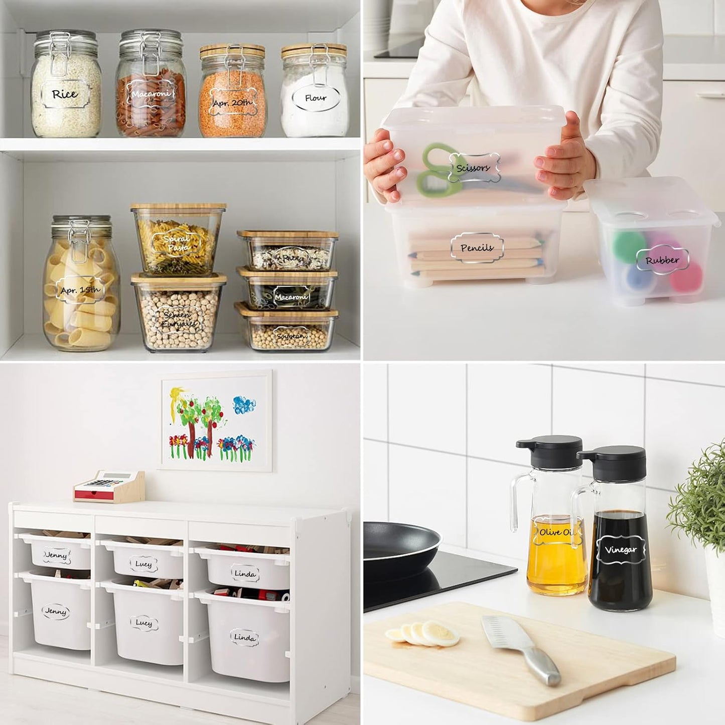Kitchen Pantry Food Containers Clear Labels with Silver Border, 138 Waterproof Removable Write-on Sticker Labels Tags to Organize Spice Jars Condiment Flour Sugar Canisters Storage Bins,Free 2 Markers