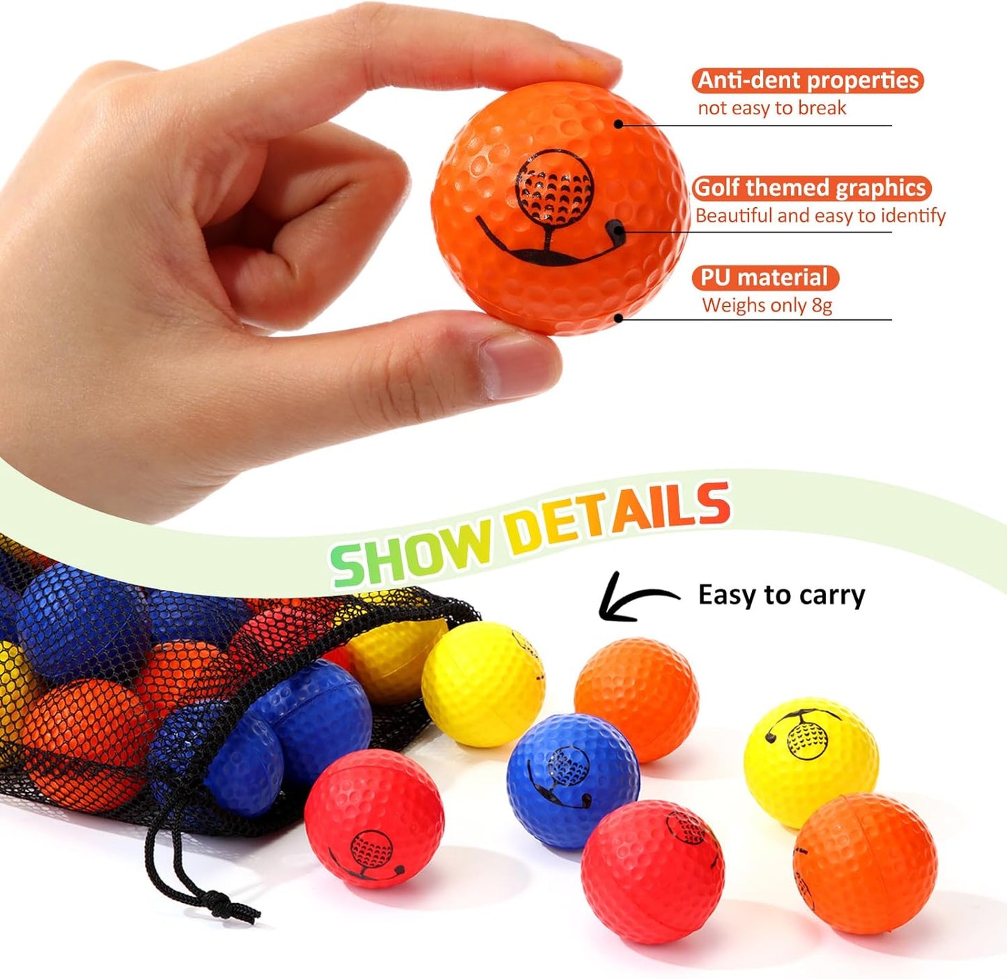 Mudder 200 Pcs Foam Golf Practice Balls Bulk, Soft Foam Ball, Realistic Feel Elastic, Limited Fly Practice for Golf Indoor or Outdoor Training, with 2 Nylon Drawstring Bag