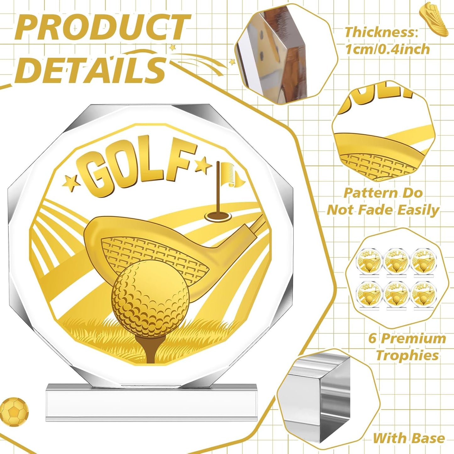 6 Pack Sports Trophy Acrylic Award Medals 4.72 x 4.72 Inch Sports Contest Trophies Bulk Plaques Team Prize Gift Trophies for Competition