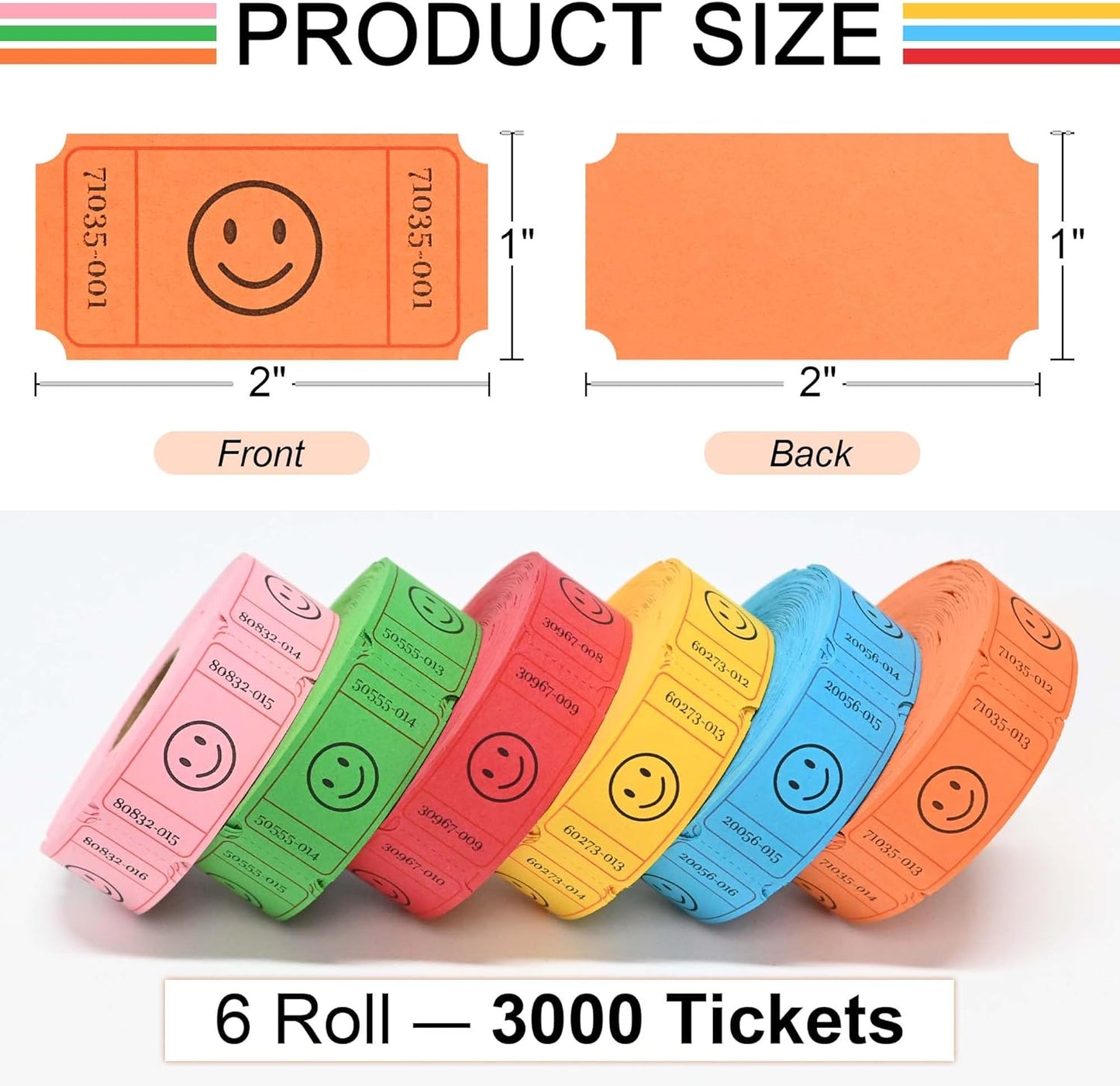 L LIKED 3000 Pack Raffle Tickets, 6 Assorted Colors, Easy-Tear .Numbered Smile Single Rolls Raffle Tickets for Events, Entry, Class Reward, Parties, Prizes