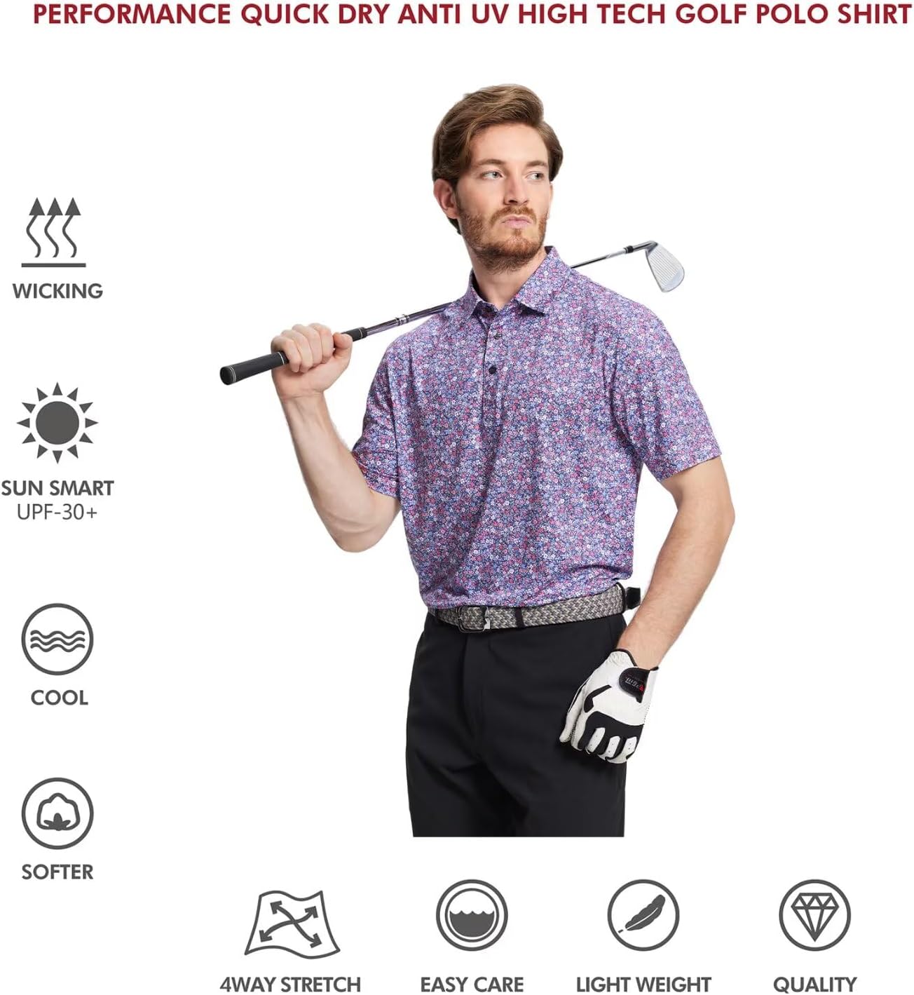 Golf Shirts for Men Dry Fit Short Sleeve Print Performance Moisture Wicking Polo Shirt