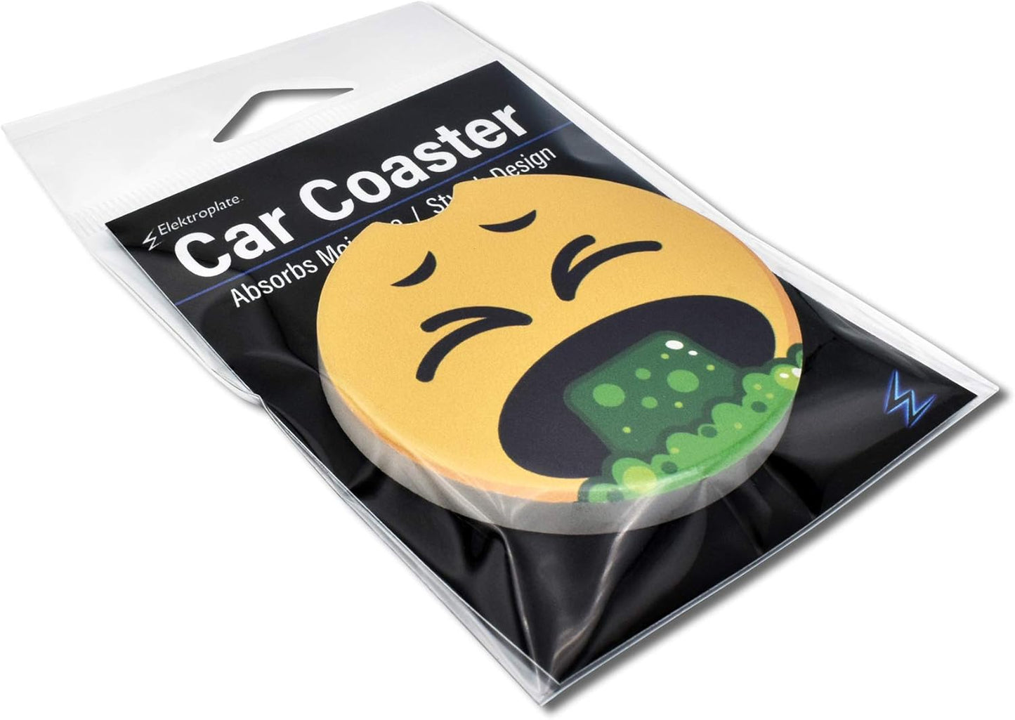 Elektroplate Funny Puke Face Automotive Ceramic Coasters (2.6" Diameter) | Universal Fit for All Cars, Trucks, SUVs, and More | Absorbent Non-Slip Durable | Set of 2