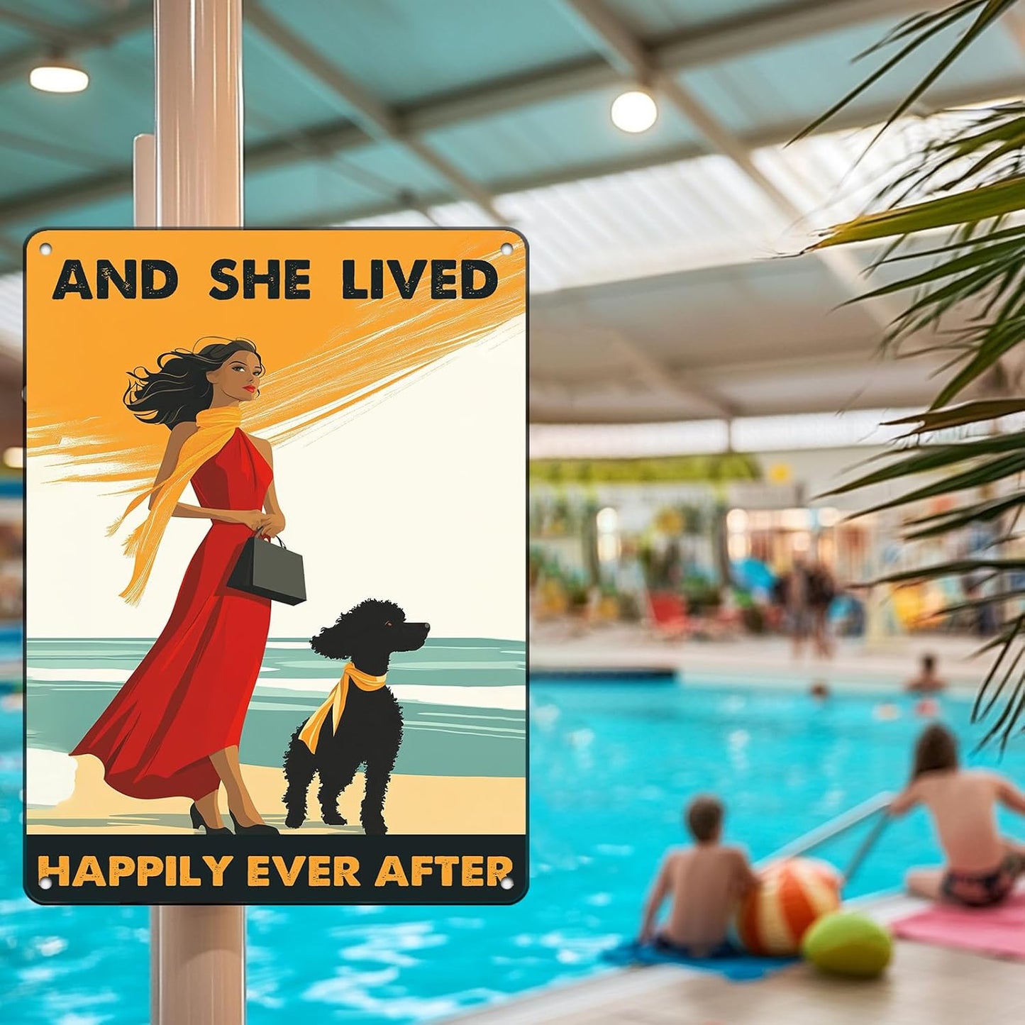 Vintage Tin Sign Metal Poster Plaque Poodle Girl and She Lived Happily Ever After Dog Metal Sign Iron Painting Retro Wall Decor Poster for Home Hotel Cafes 12x16 Inch