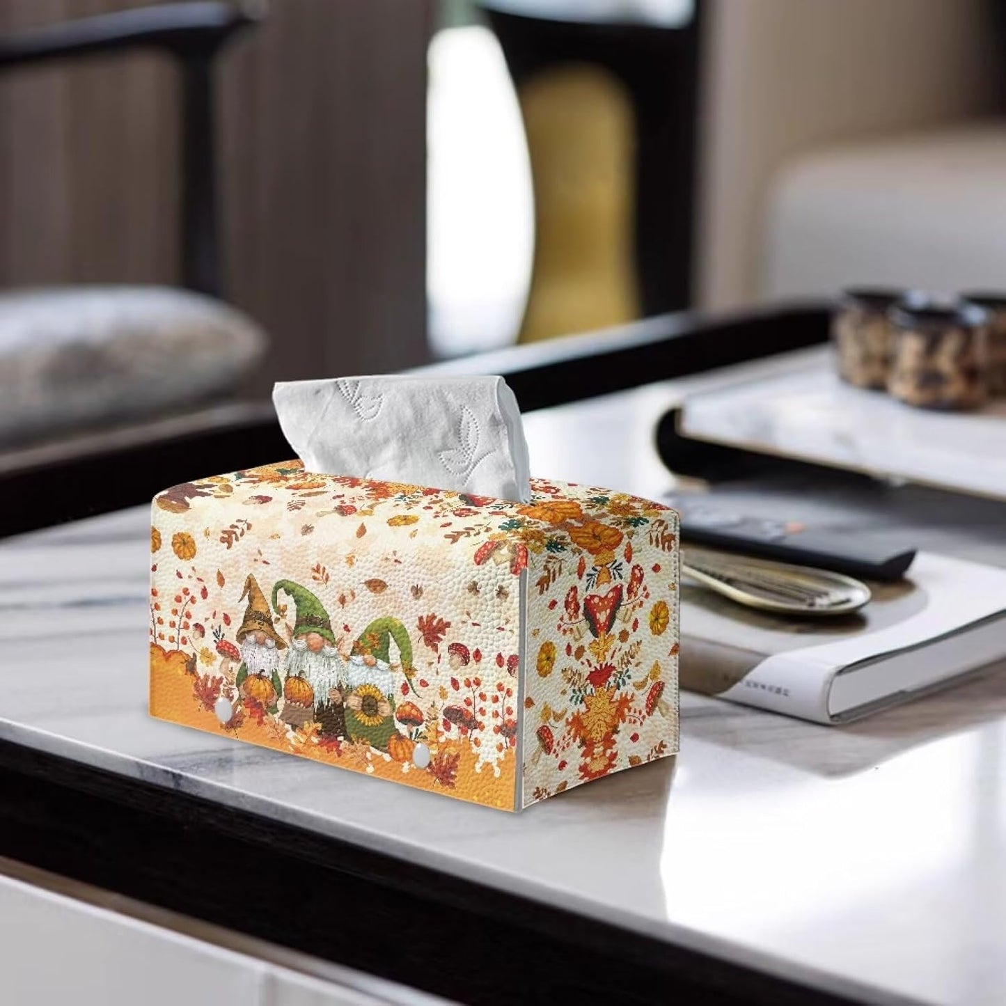 Thanksgiving Elf Pumpkin Leather Tissue Box Cover Maple Leaf Print Large Capacity Design Stain-Resistant PU Leather Rectangle Tissue Holder Fall Bathroom Decor 9.7"x5.2"x5.12"