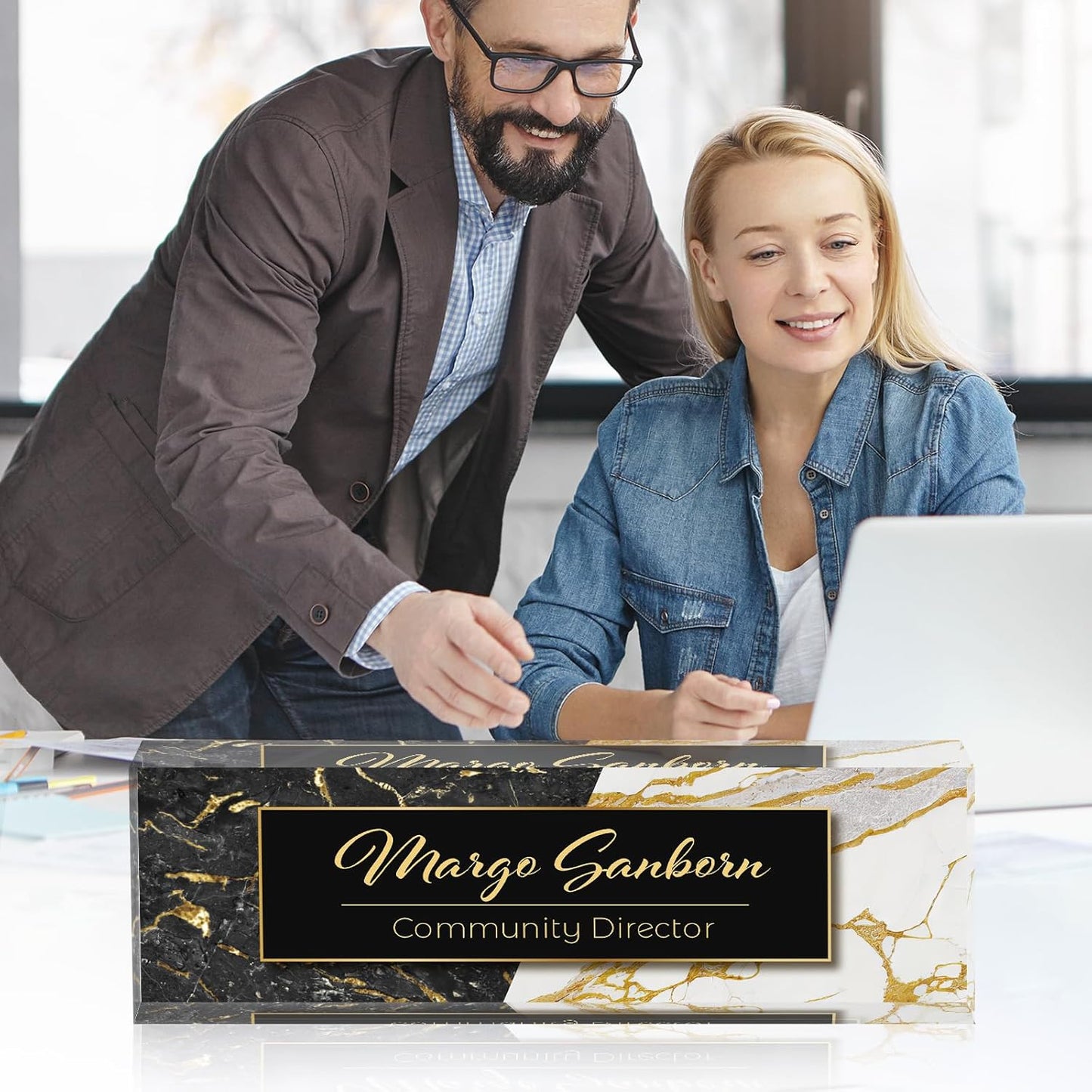 Personalized Name Plate for Desk Custom Acrylic Desk Name Plate Custom Employee Appreciation Gifts Office Gifts for Women, Men, Boss, Coworkers, Teacher, Nurse (A-Black & White Marble)