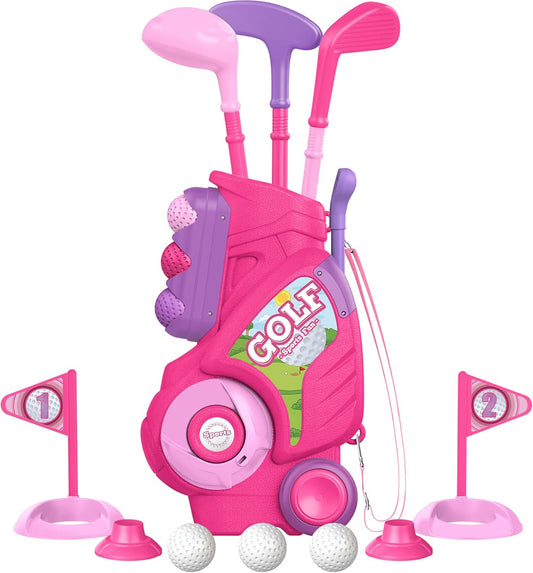 Liberry Toddler Golf Set for 1 2 3 4 Years Old, Upgraded Kids Golf Cart with Unique Shoulder Strap Design, Indoor and Outdoor Golf Toys for Boys Girls (Pink)
