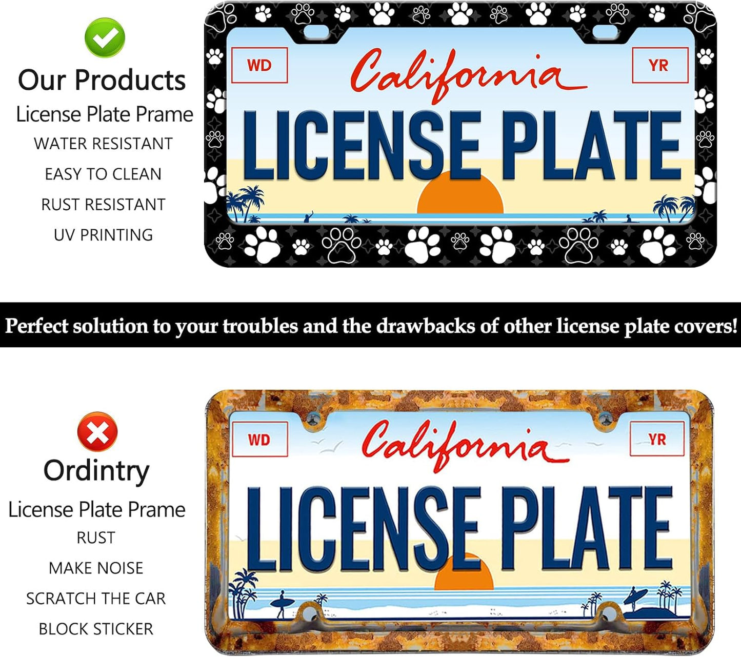 Dog Paw Print License Plate Frames - 2 Pack Front Rear Cute Dog Paw License Plates Holder Covers, Aluminum Metal Rust-Proof Waterproof Car Tag Frame with Screws Fasteners Caps