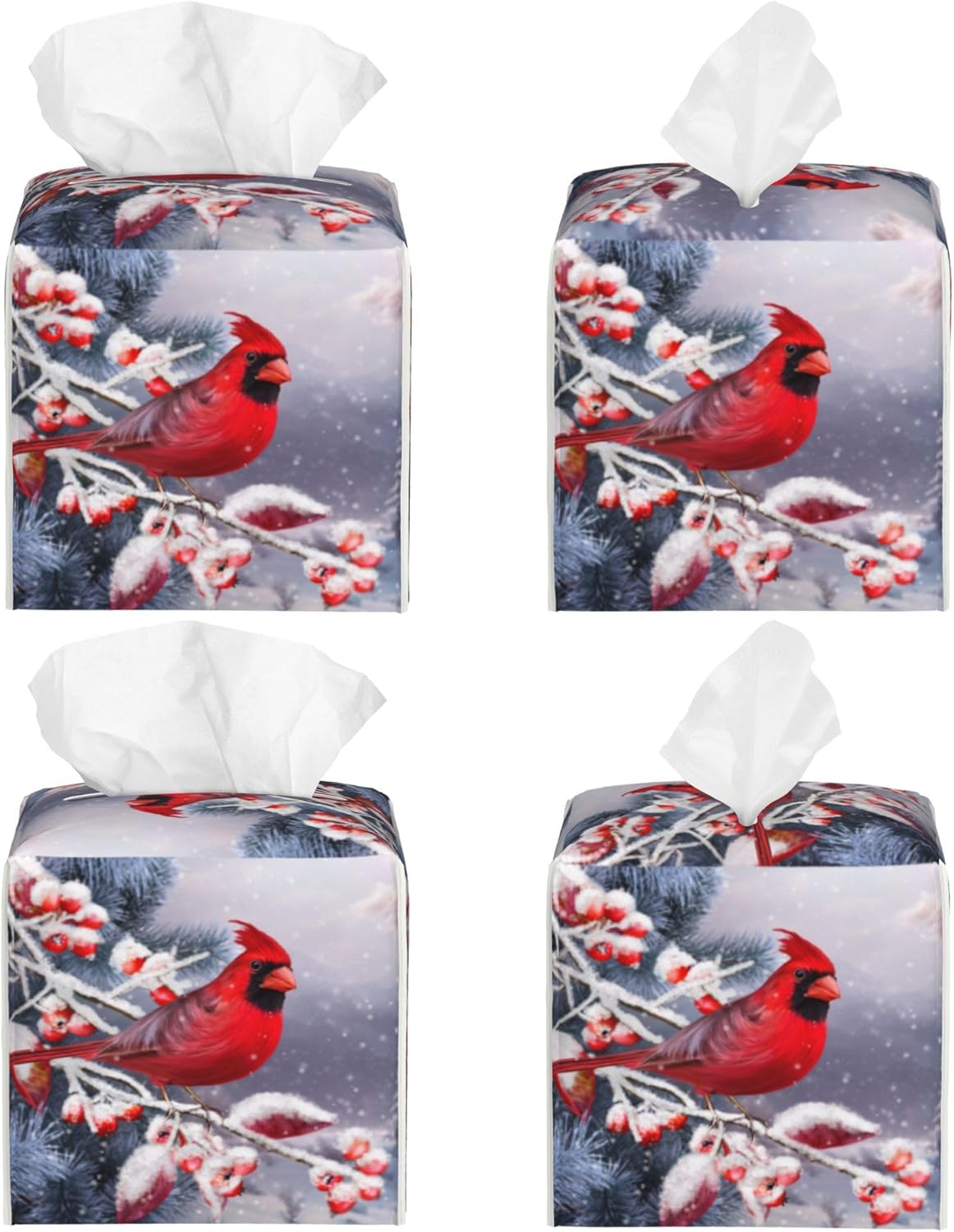 Christmas Red Cardinal Tissue Box Cover Square,Winter Christmas Cardinal Bird Tissue Box Holder Waterproof Leather Facial Paper Organizer Dispenser for Bathroom Home Car Nightstand Vanity Desk