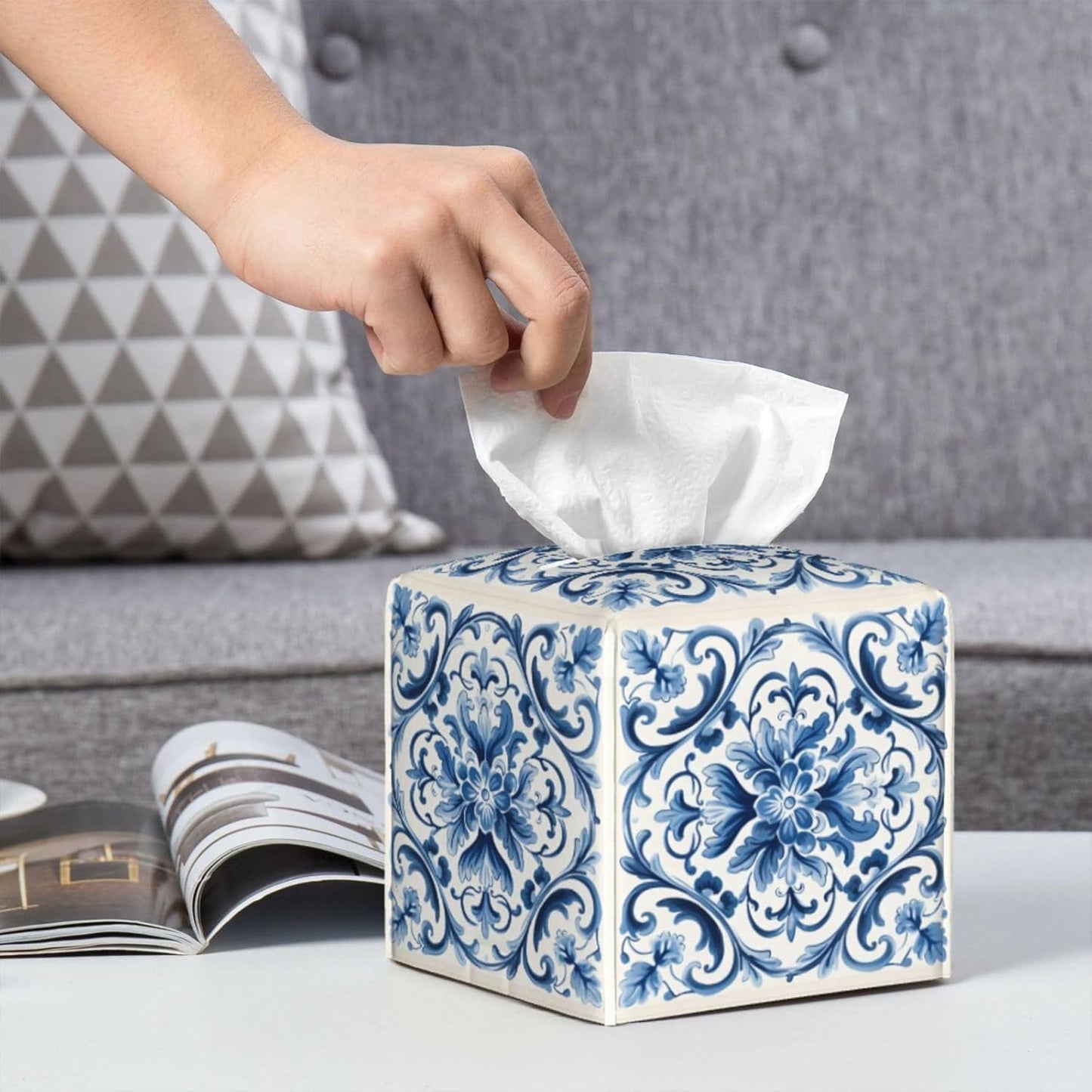 Tissue Box Cover Blue Flower Paisley Square PU Leather Tissue Box Holder for Car Bathroom Bedroom Desk Tabletop Decor