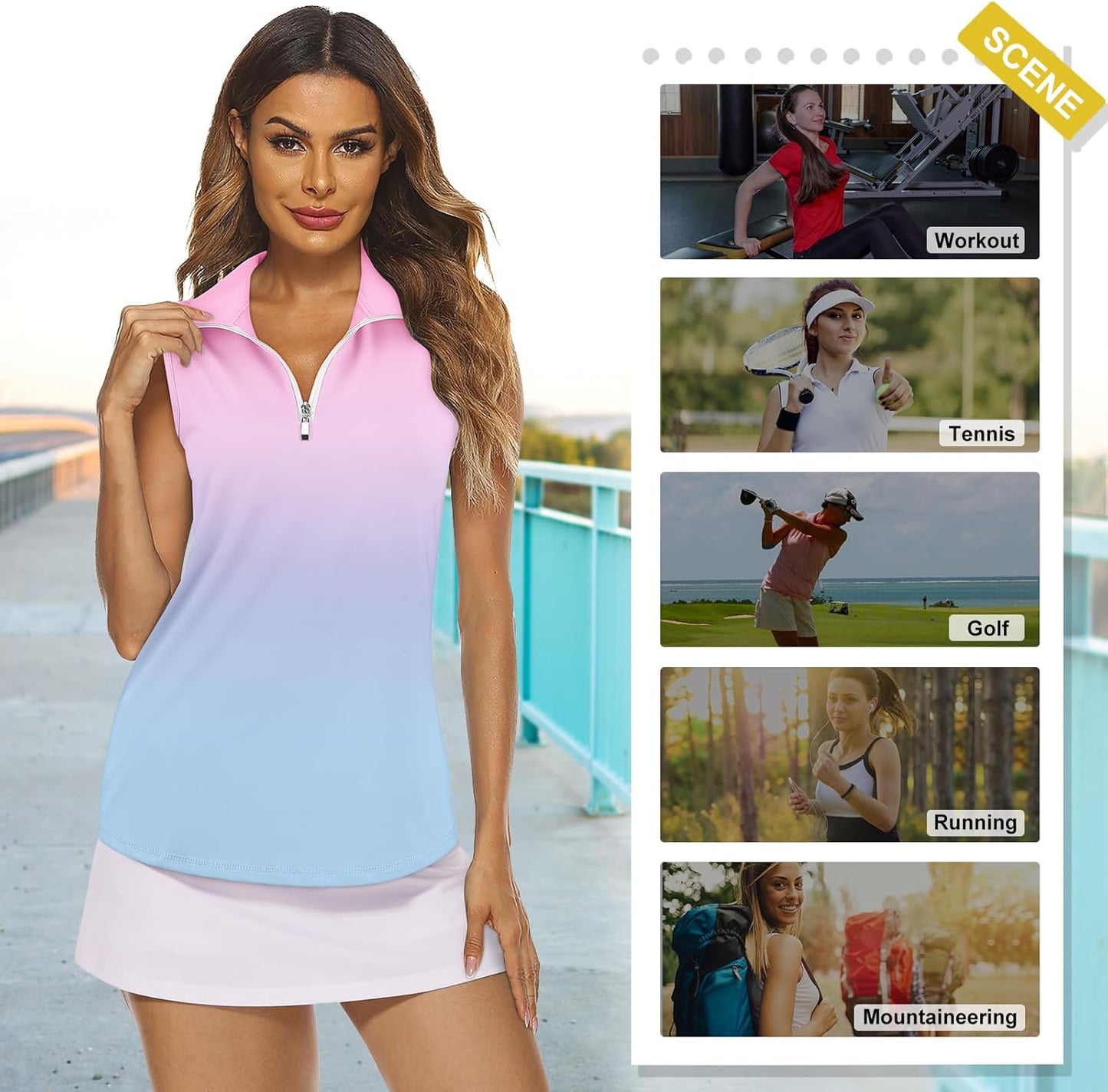 Koscacy Women's Sleeveless Golf Tennis Polo Shirts Zip Up Dry Fit Workout Tank Tops Athletic Shirt