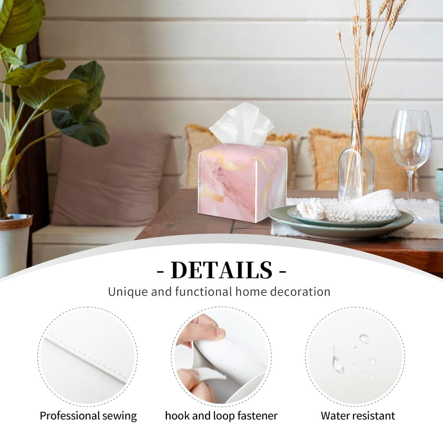 Tissue Box Cover Pink Rose Gold Marble Print Square PU Leather Tissue Box Holder for Car Bathroom Bedroom Desk Tabletop Decor