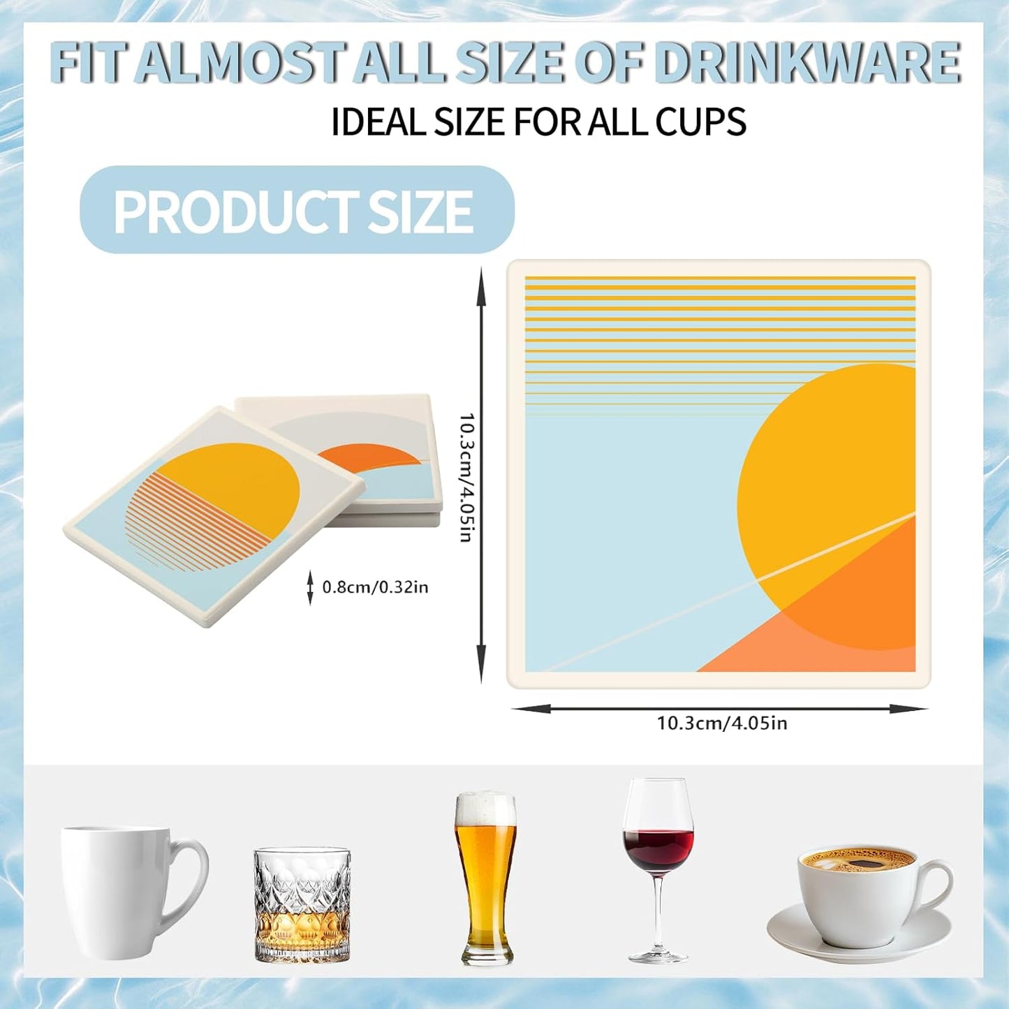 MAYCARI Abstract Sun Coasters Set of 6 Cork Backed Artistic Coasters with Metal Holder Minimalist Aesthetic Ceramic Surface Drink Cup Mats for Tabletop Protection Modern Desk Decoration Birthday Gifts